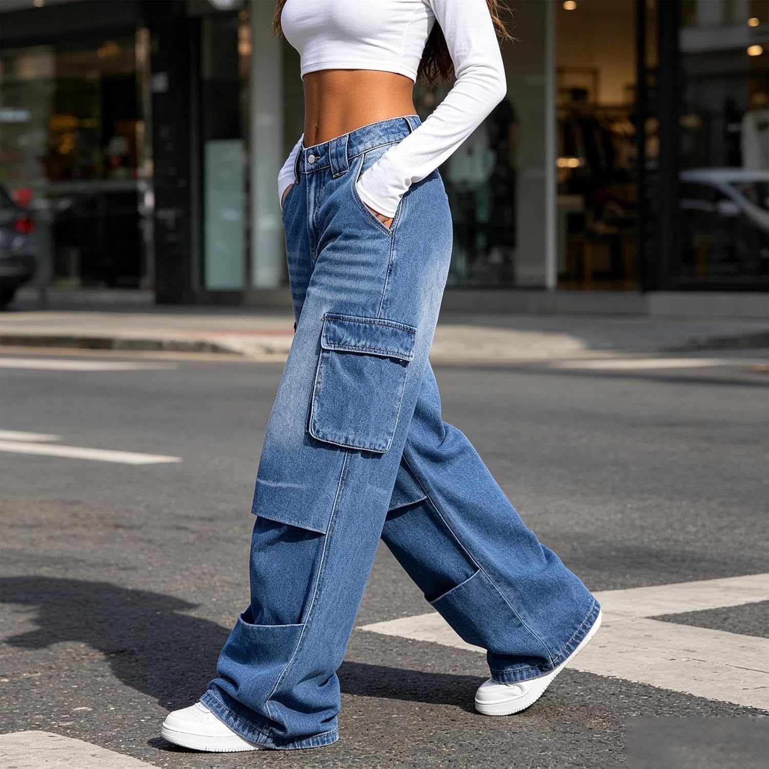Women's High Rise Cargo Wide Leg Jeans Multi Pocket Denim Pants | Long Pants For Women Tall Jogging Petite Wide Leg High Waist Jeans Beige Curvy Straight Black Stretch Plus Size Wedgie Pull