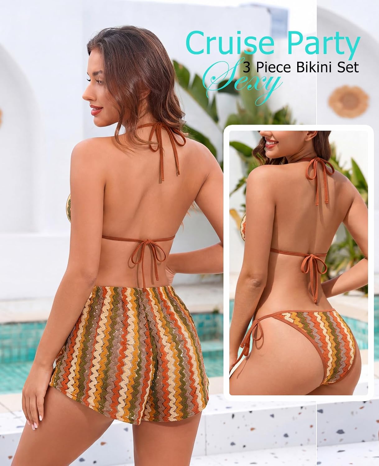 ZAFUL Womens Crochet Bikini Set with Cover Up Shorts Vacation Bathing Suits