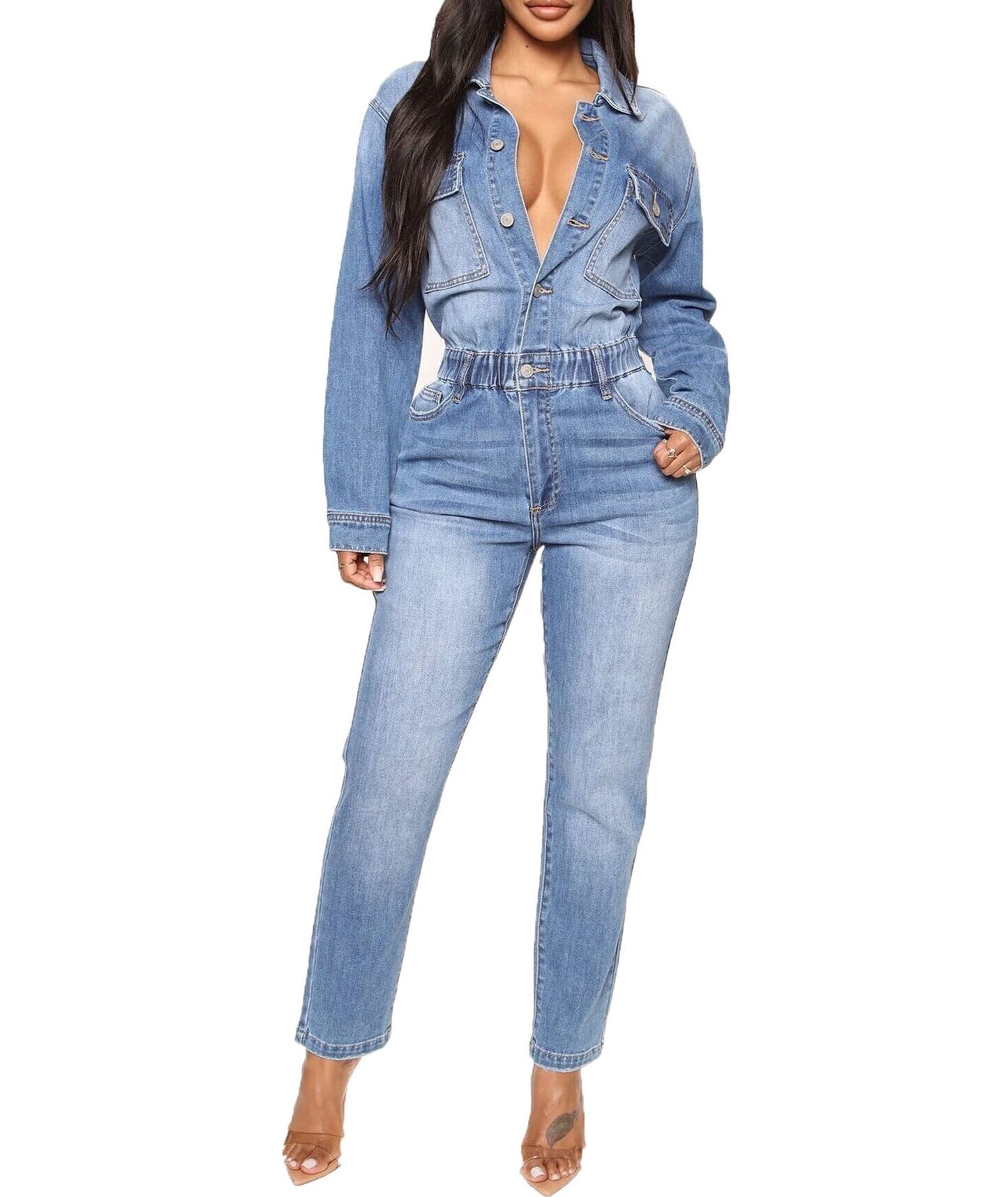 Sexyshine Women's Sexy Button Down Slim Fit Denim Long Jumpsuit Playsuit Lapel Full length Jeans Rompers Overalls
