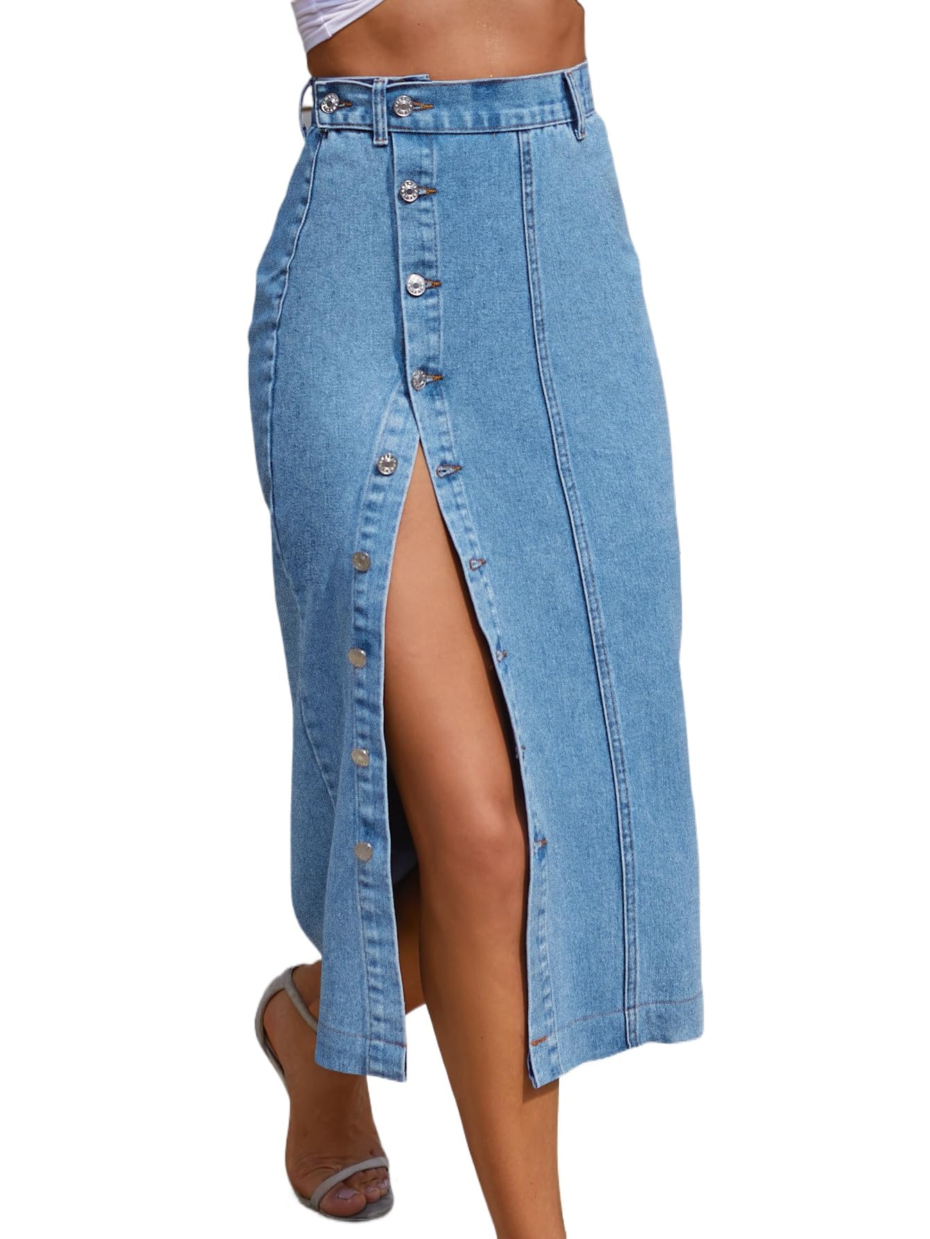 Trendy High Waisted Denim Skirt for Women Button Front Slit Midi Skirt for Ladies Fashion 2025 Summer