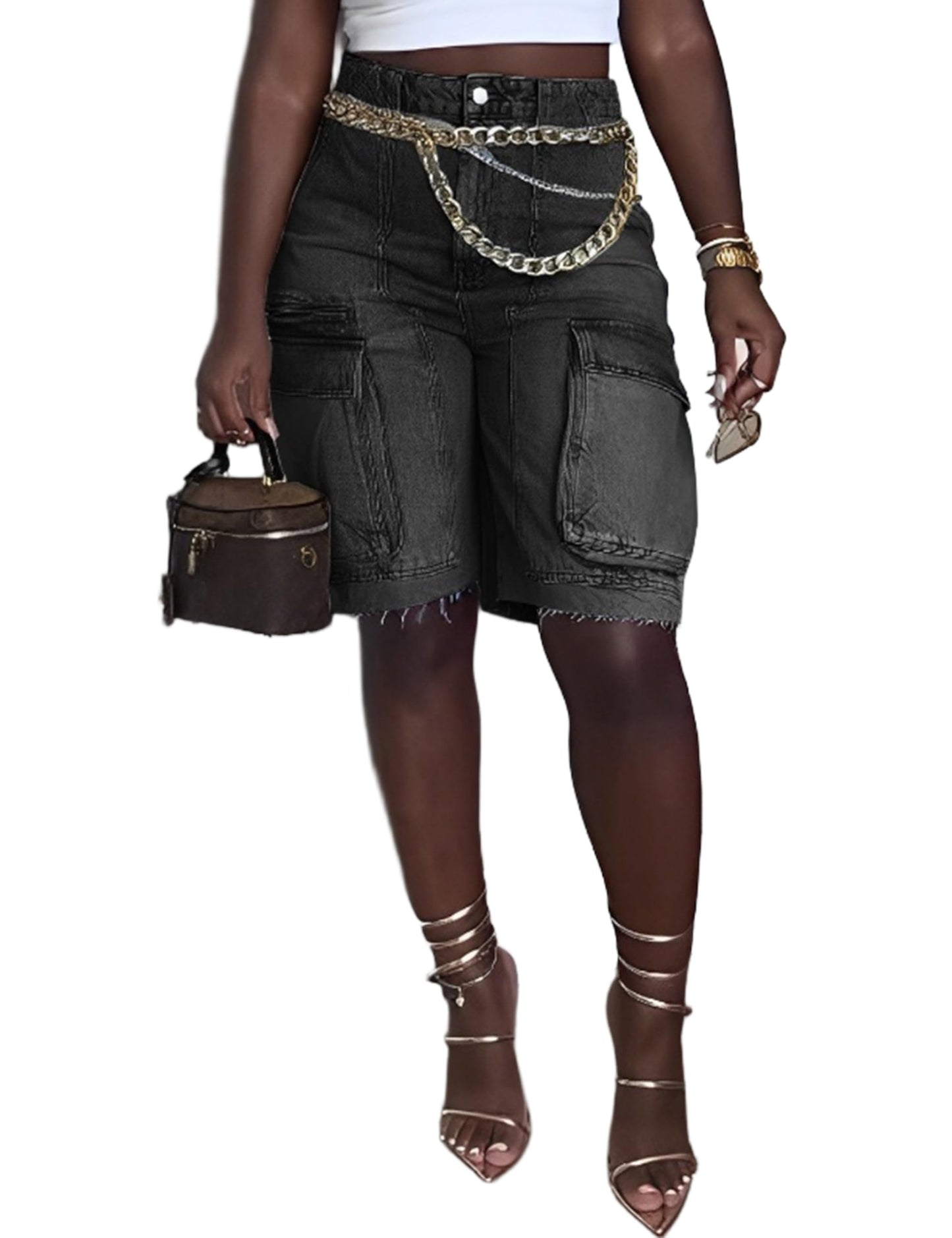 Denim Shorts Women High Waisted Summer Bermuda Stretchy Cargo Jean Casual Baggy Raw Hem Jorts with Pockets for Women