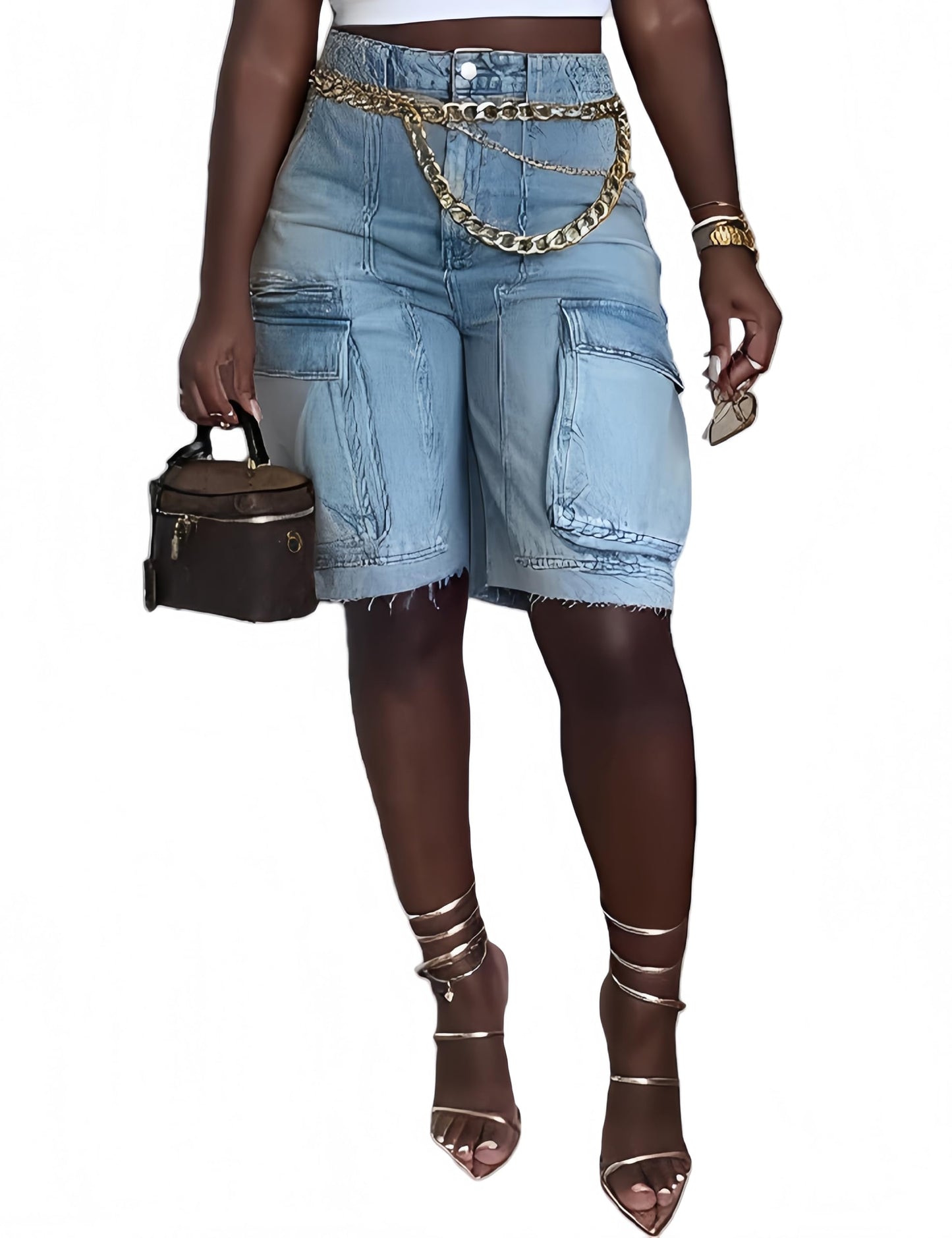 Denim Shorts Women High Waisted Summer Bermuda Stretchy Cargo Jean Casual Baggy Raw Hem Jorts with Pockets for Women