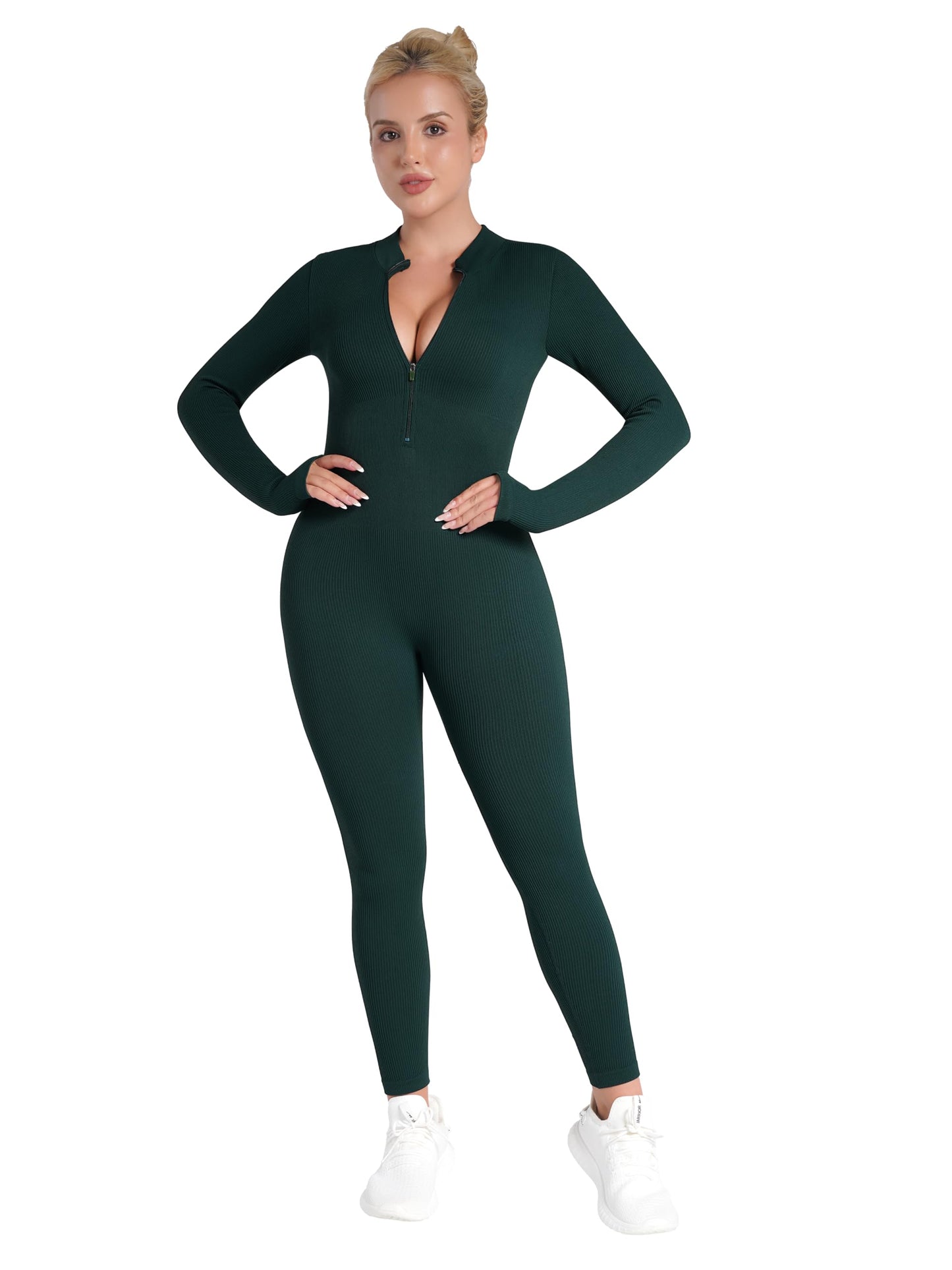 Sunzel Women's Ribbed Long Sleeve Zip Front Yoga Jumpsuit with Thumbholes
