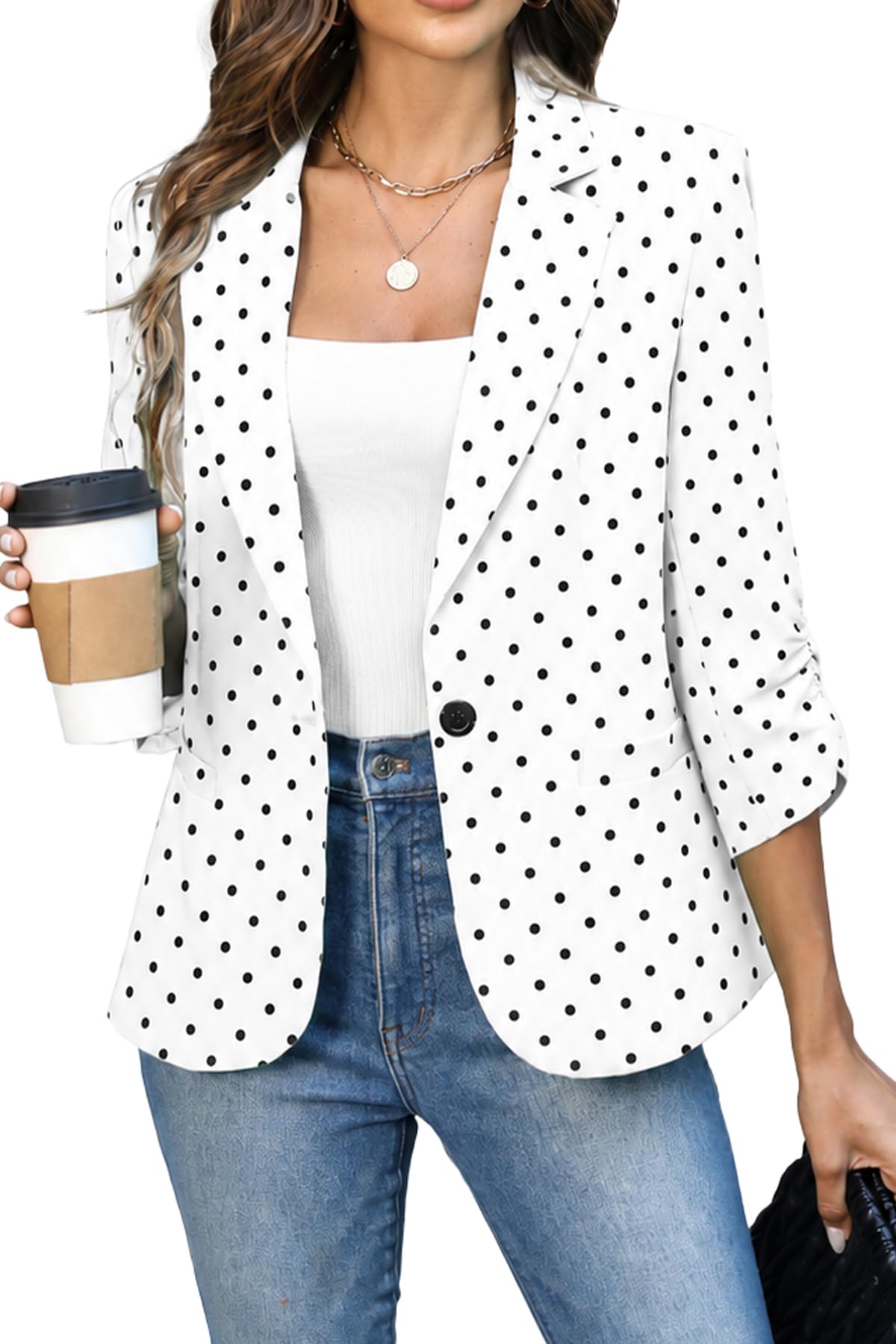 ELLEVEN Women's Ruched 3/4 Sleeve Blazer, Lightweight Fitted Jacket