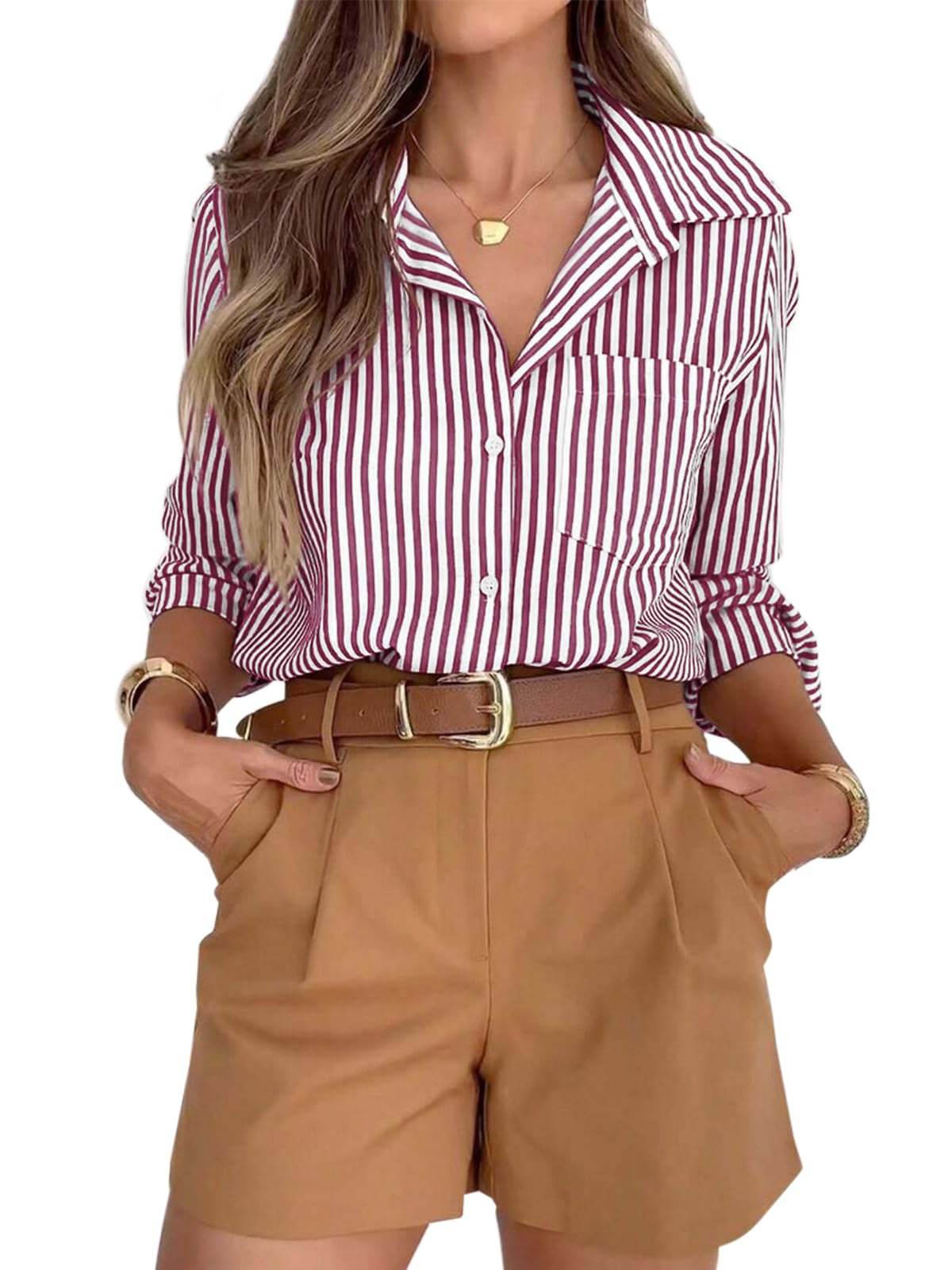 siliteelon Striped Button Down Shirts for Women Work Collared Dress Shirt