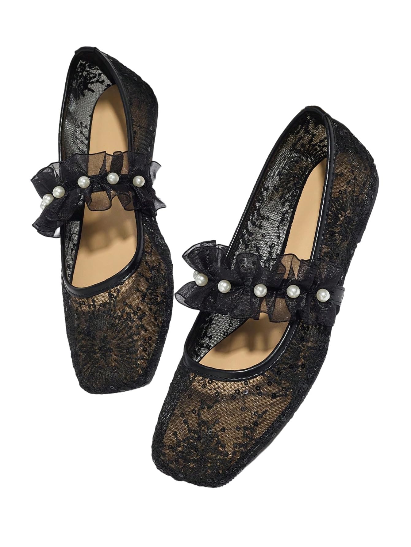 MakeMeChic Women's Lace Mesh Ballet Flats Comfortable Dressy Shoes