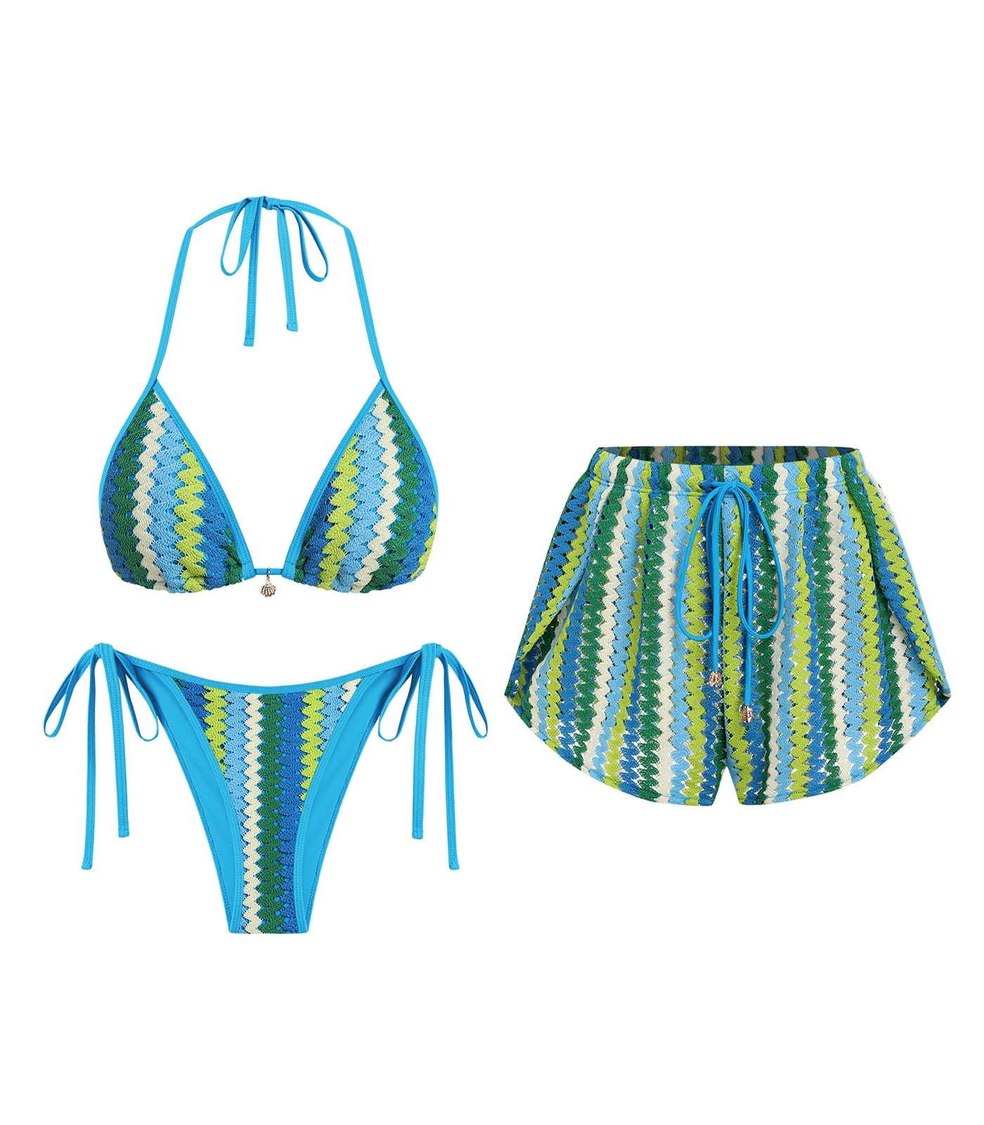ZAFUL Womens Crochet Bikini Set with Cover Up Shorts Vacation Bathing Suits