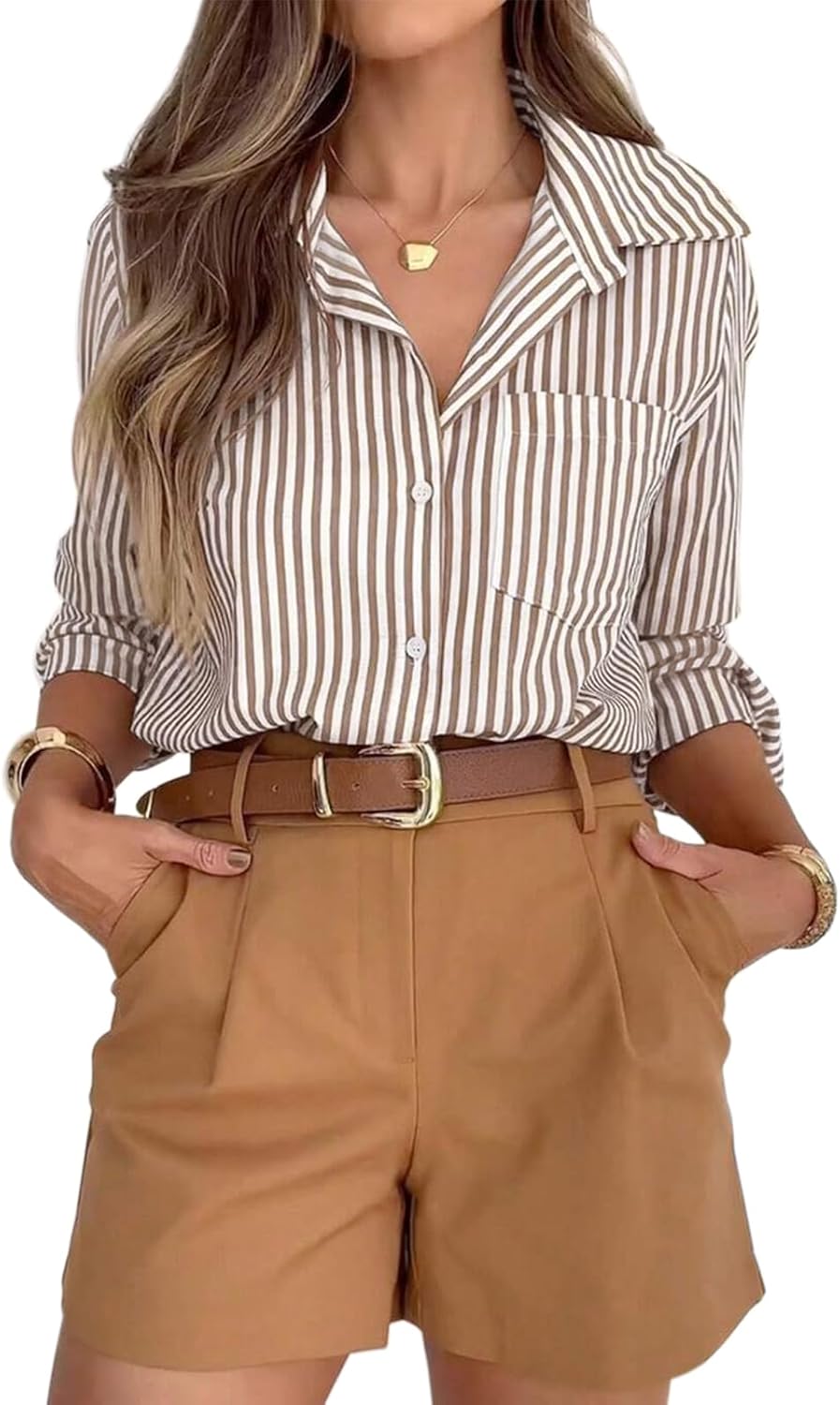 siliteelon Striped Button Down Shirts for Women Work Collared Dress Shirt