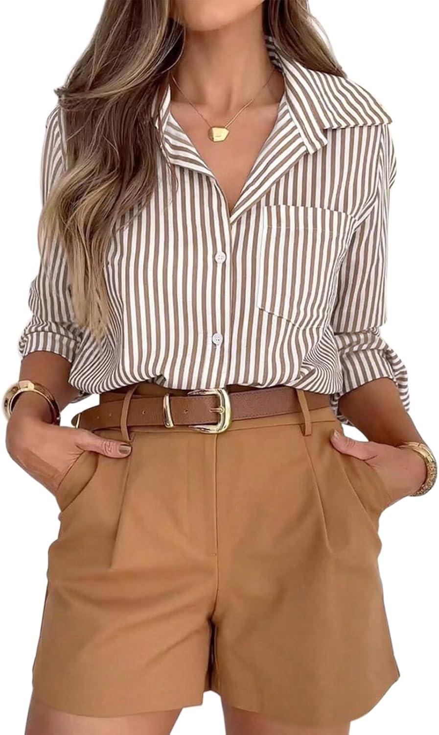 siliteelon Striped Button Down Shirts for Women Work Collared Dress Shirt