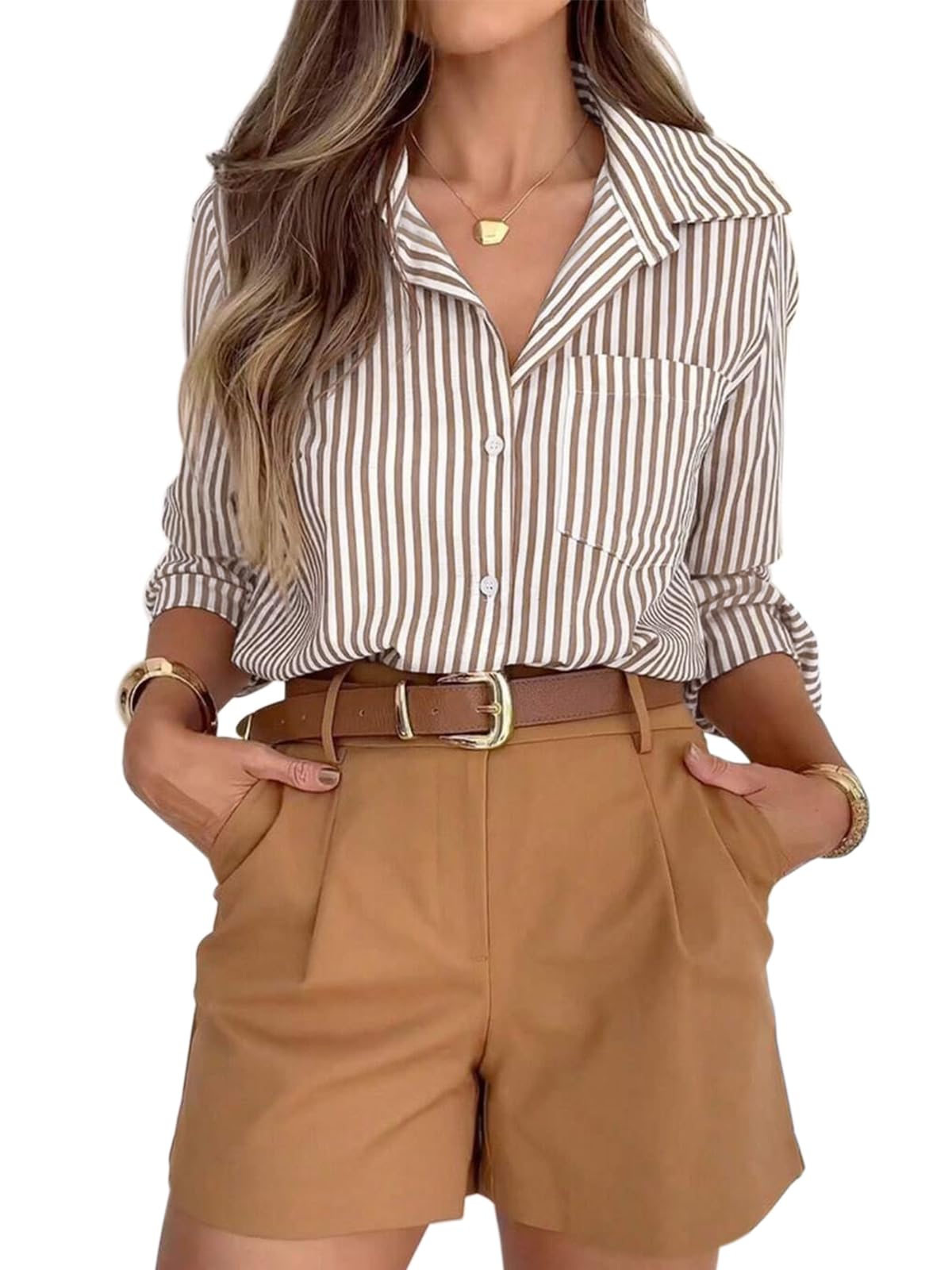 siliteelon Striped Button Down Shirts for Women Work Collared Dress Shirt