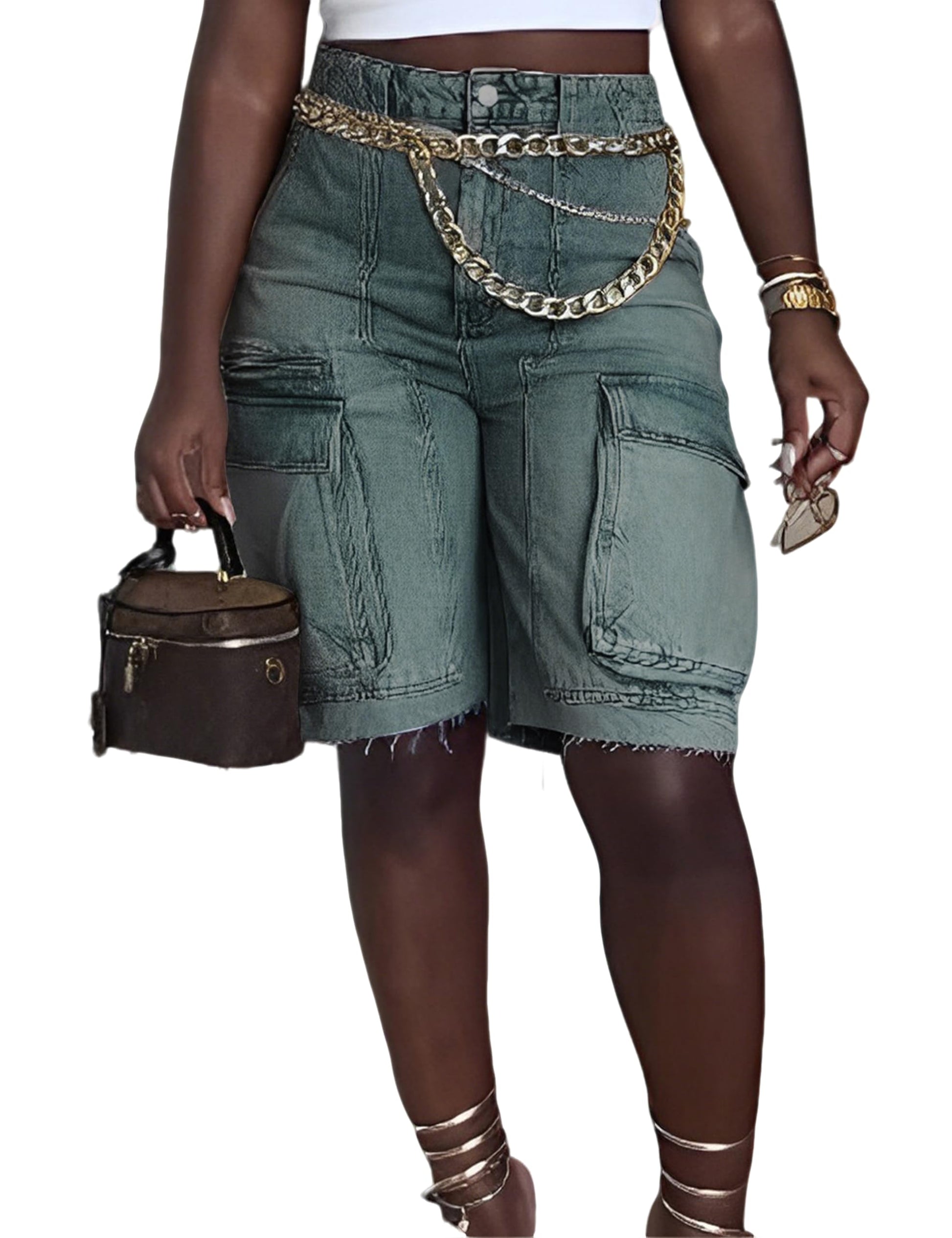 Denim Shorts Women High Waisted Summer Bermuda Stretchy Cargo Jean Casual Baggy Raw Hem Jorts with Pockets for Women