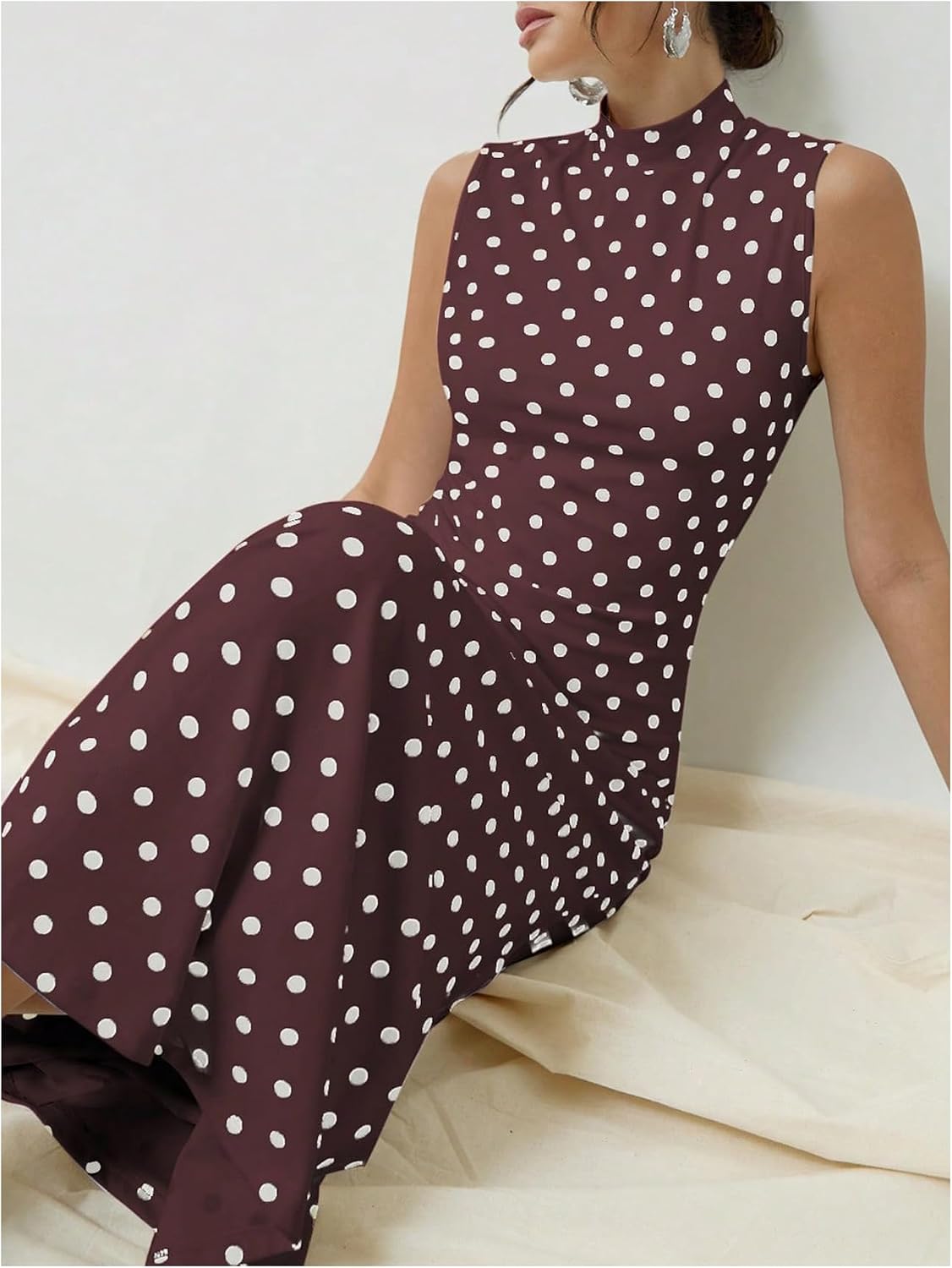 Milumia Women's Polka Dots Maxi Tank Dress Vintage Mock Neck Long Dresses