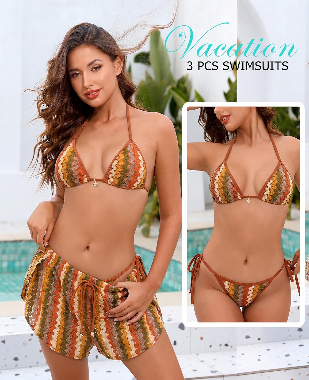 ZAFUL Womens Crochet Bikini Set with Cover Up Shorts Vacation Bathing Suits