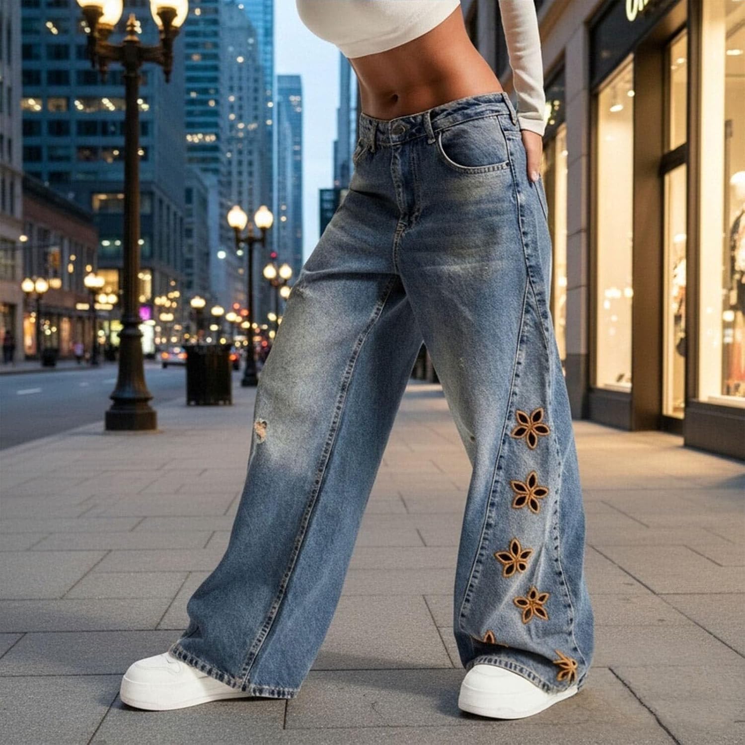 Womens Floral Embroidered Wide Leg Jeans Loose Baggy Casual Pants | Light Wash Jeans Women High Waist Straight Leg For Butt Lifting Leggings Petite Jeggings With Pockets Women'S Pants Leopard