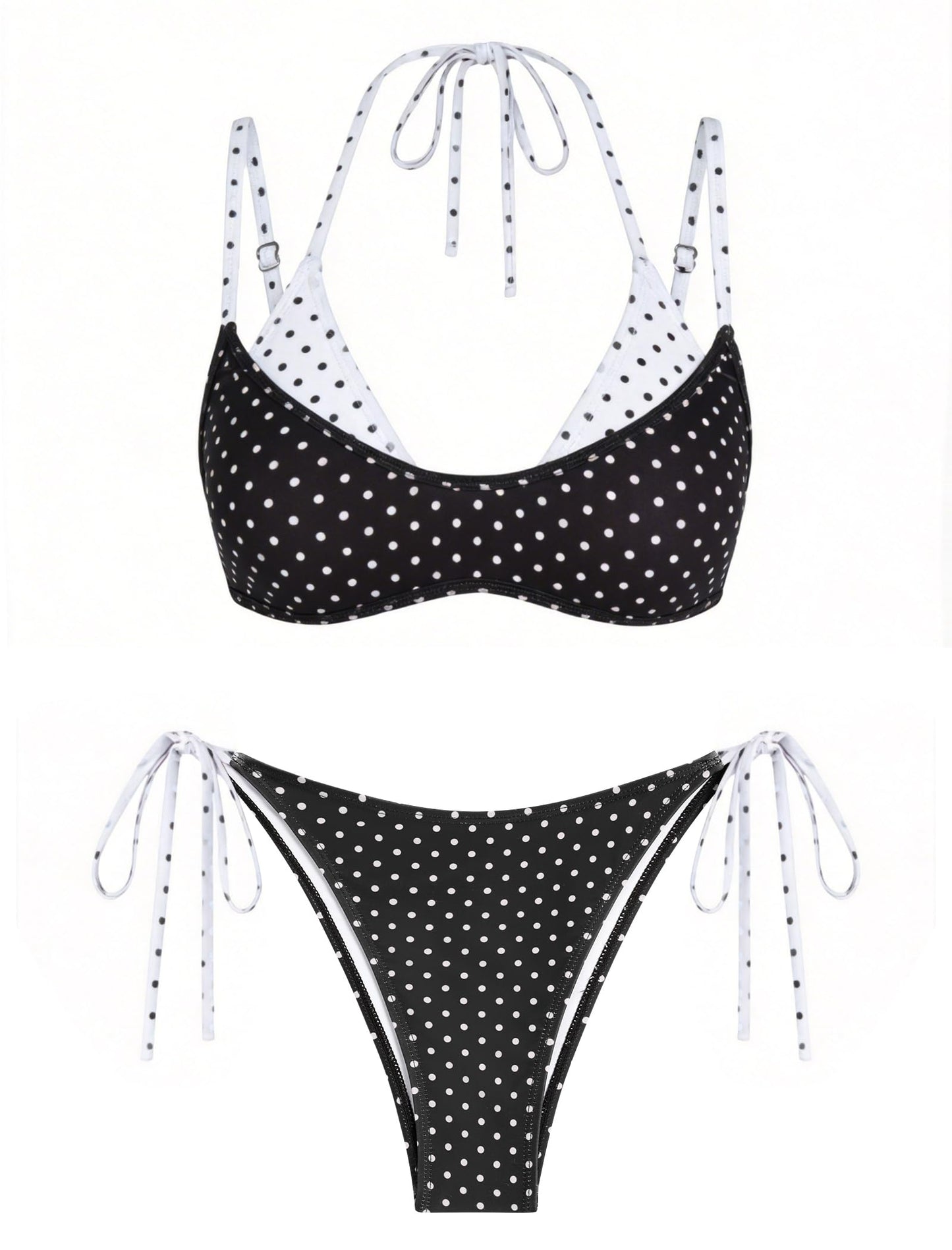 ZAFUL Women's Polka Dots Bikini Set Double Layer Halter 2 Piece Swimsuit