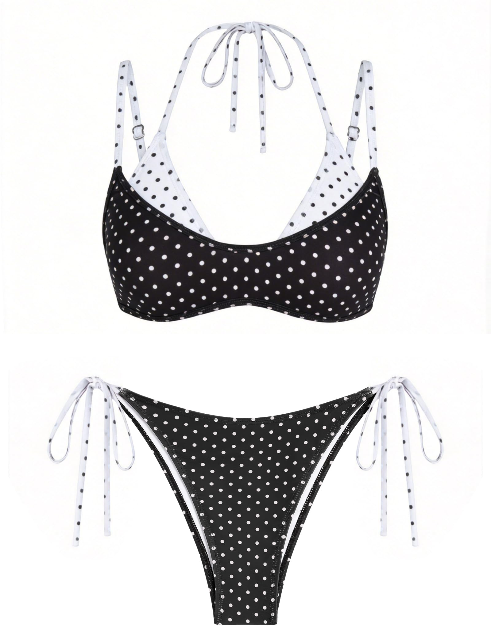 ZAFUL Women's Polka Dots Bikini Set Double Layer Halter 2 Piece Swimsuit