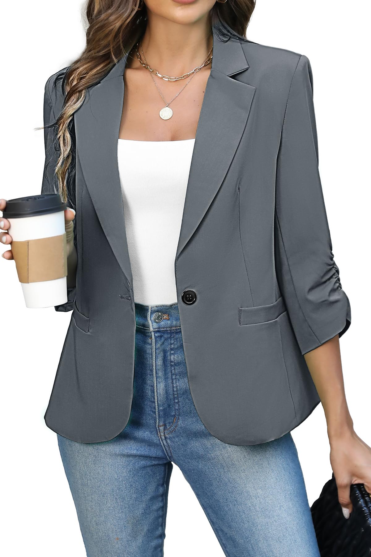 ELLEVEN Women's Ruched 3/4 Sleeve Blazer, Lightweight Fitted Jacket
