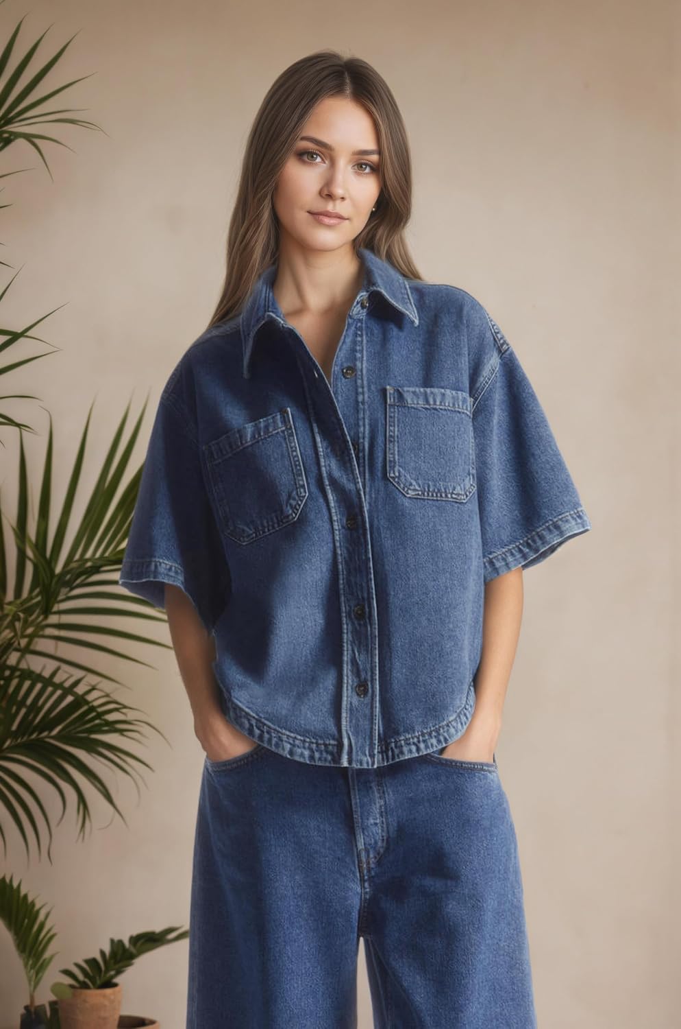Kedera Women's Denim Shirt Casual Button Down Short Sleeve Jean Shirts Casual Top Outfits Trendy