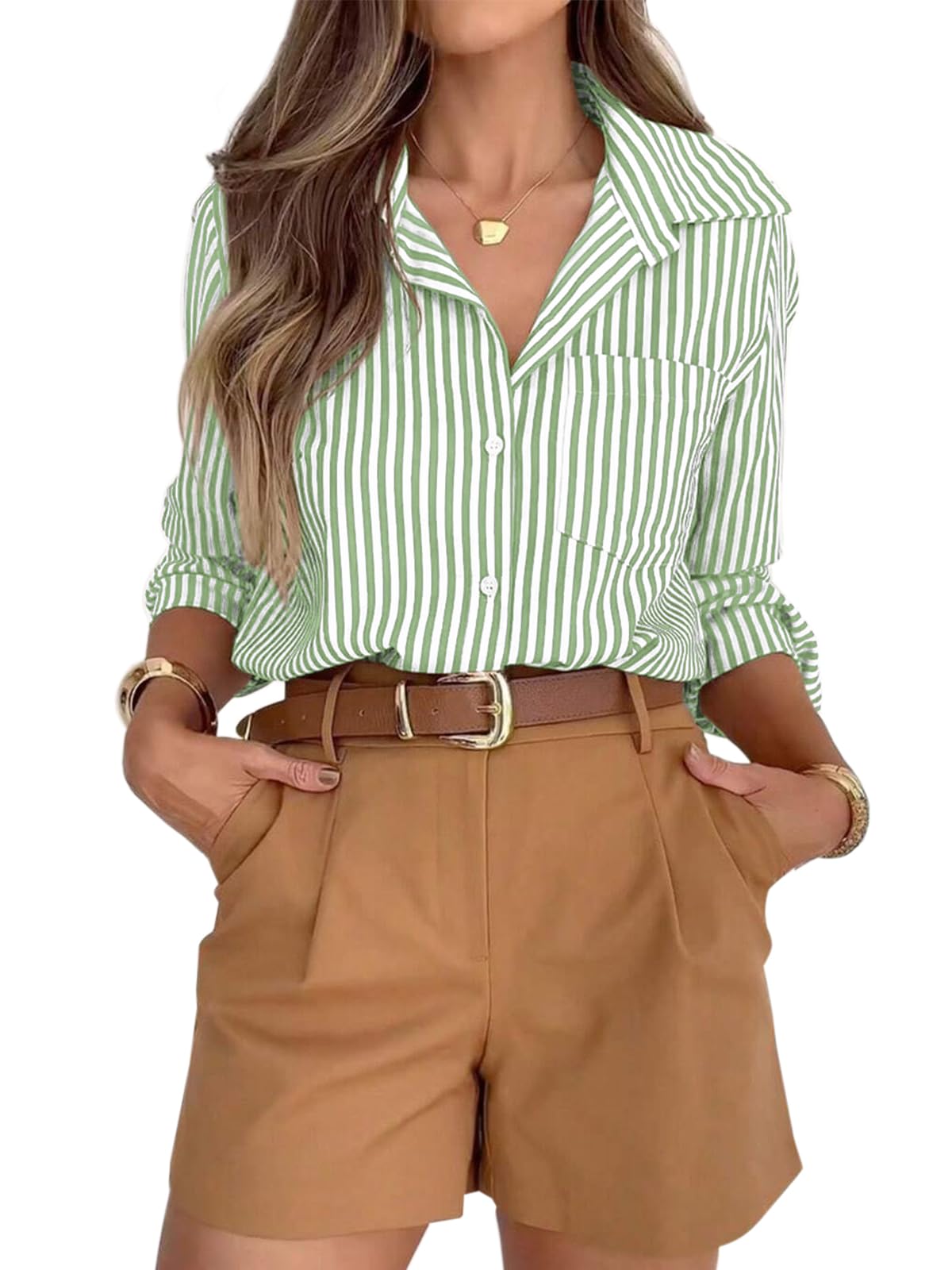 siliteelon Striped Button Down Shirts for Women Work Collared Dress Shirt
