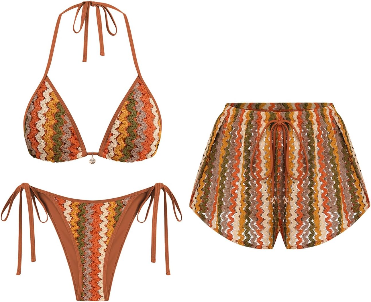 ZAFUL Womens Crochet Bikini Set with Cover Up Shorts Vacation Bathing Suits