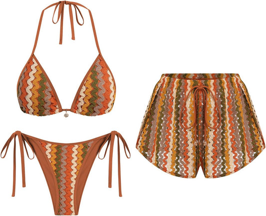 ZAFUL Womens Crochet Bikini Set with Cover Up Shorts Vacation Bathing Suits
