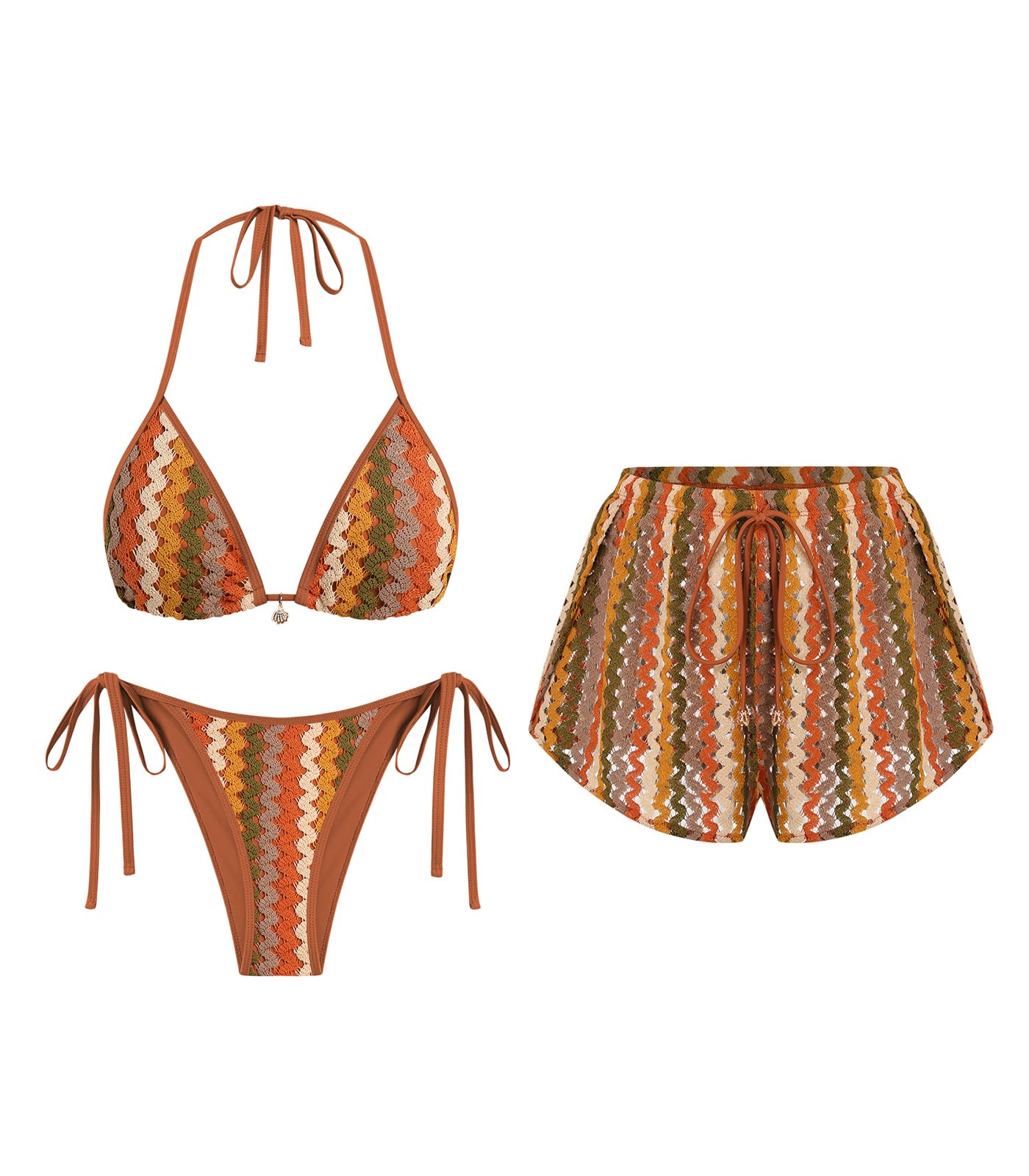 ZAFUL Womens Crochet Bikini Set with Cover Up Shorts Vacation Bathing Suits