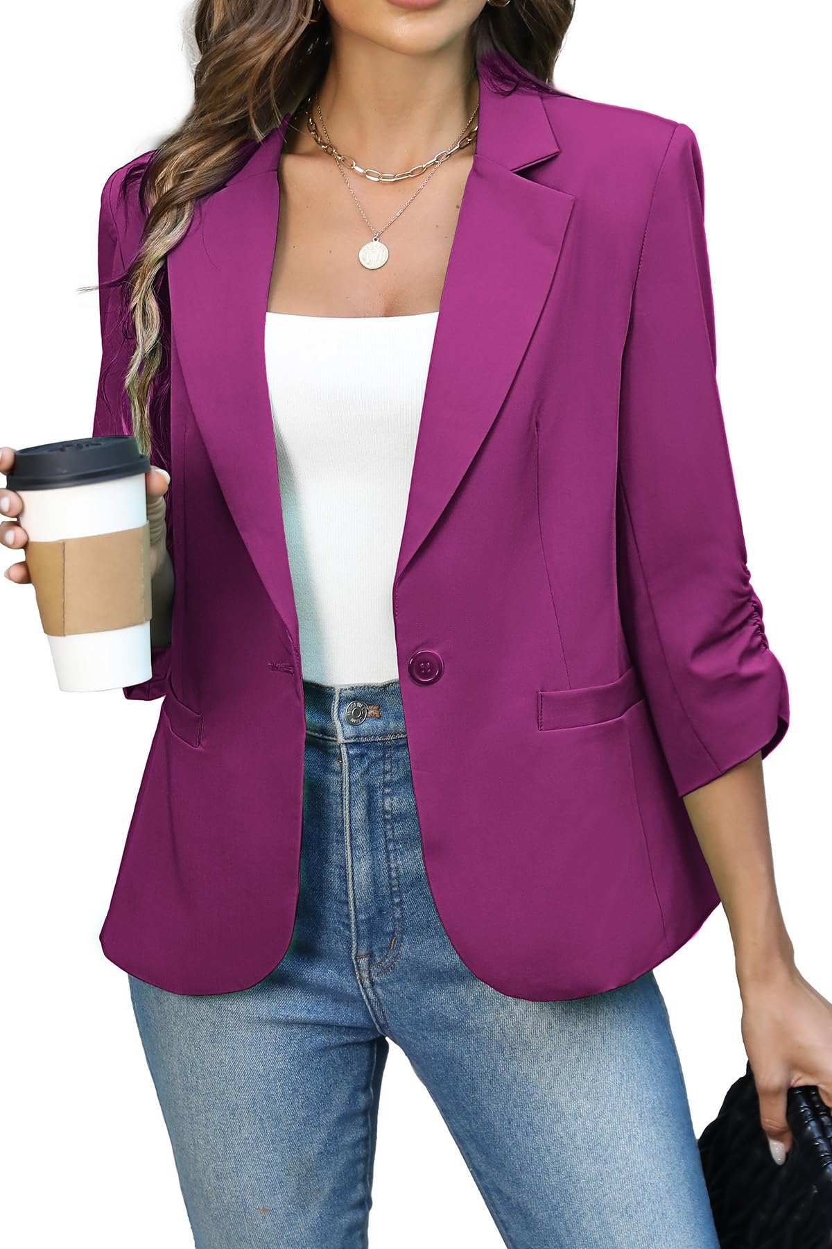 ELLEVEN Women's Ruched 3/4 Sleeve Blazer, Lightweight Fitted Jacket