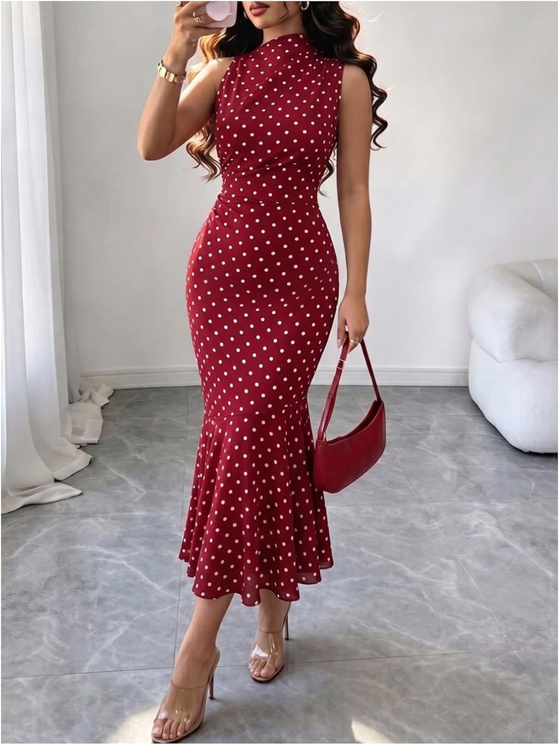 Floerns Women's Polka Dots Long Dress Sleeveless Fishtail Bodycon Wedding Guest Dresses