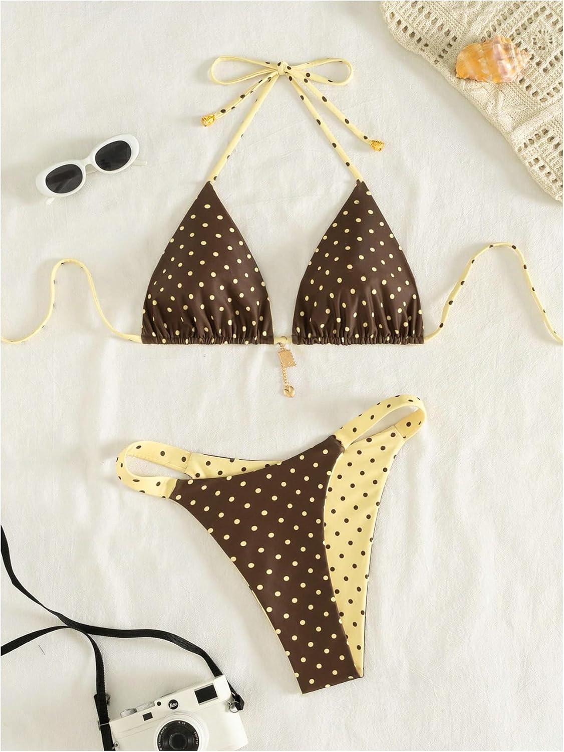 SOLY HUX Women's Polka Dots Bikini Set Halter Triangle Reversible Beachwear