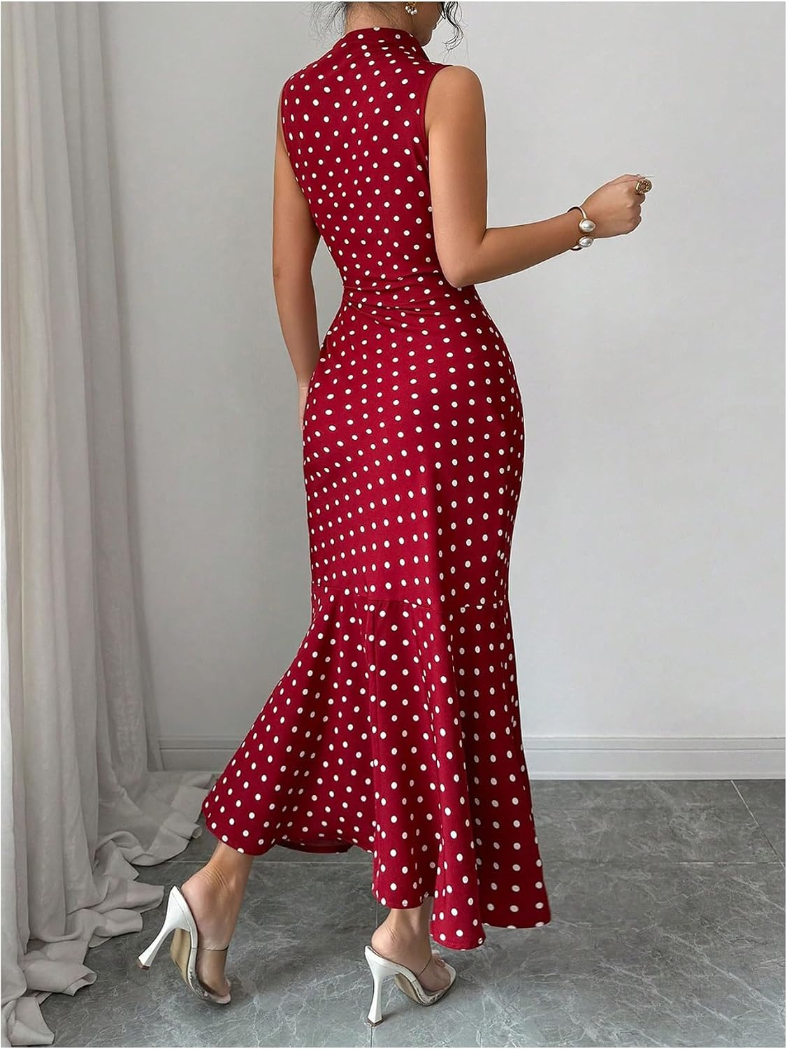 Floerns Women's Polka Dots Long Dress Sleeveless Fishtail Bodycon Wedding Guest Dresses