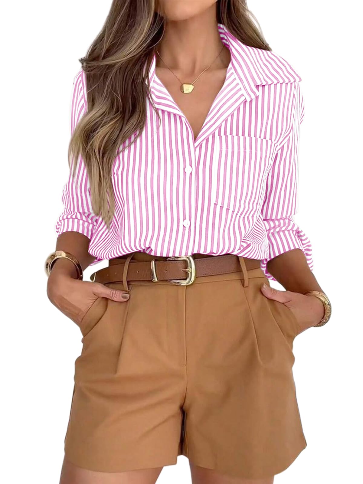siliteelon Striped Button Down Shirts for Women Work Collared Dress Shirt