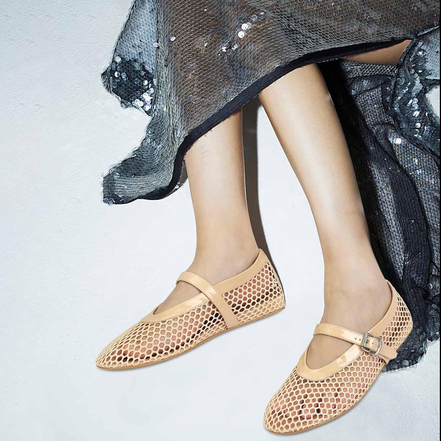 MICIFA Women's Mesh Ballet Flats Fishnet Ballerina Flats Buckle Strap Mary Jane Causal Daily Dress Shoes