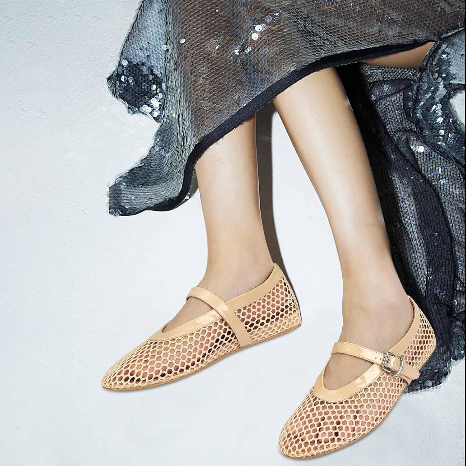 MICIFA Women's Mesh Ballet Flats Fishnet Ballerina Flats Buckle Strap Mary Jane Causal Daily Dress Shoes