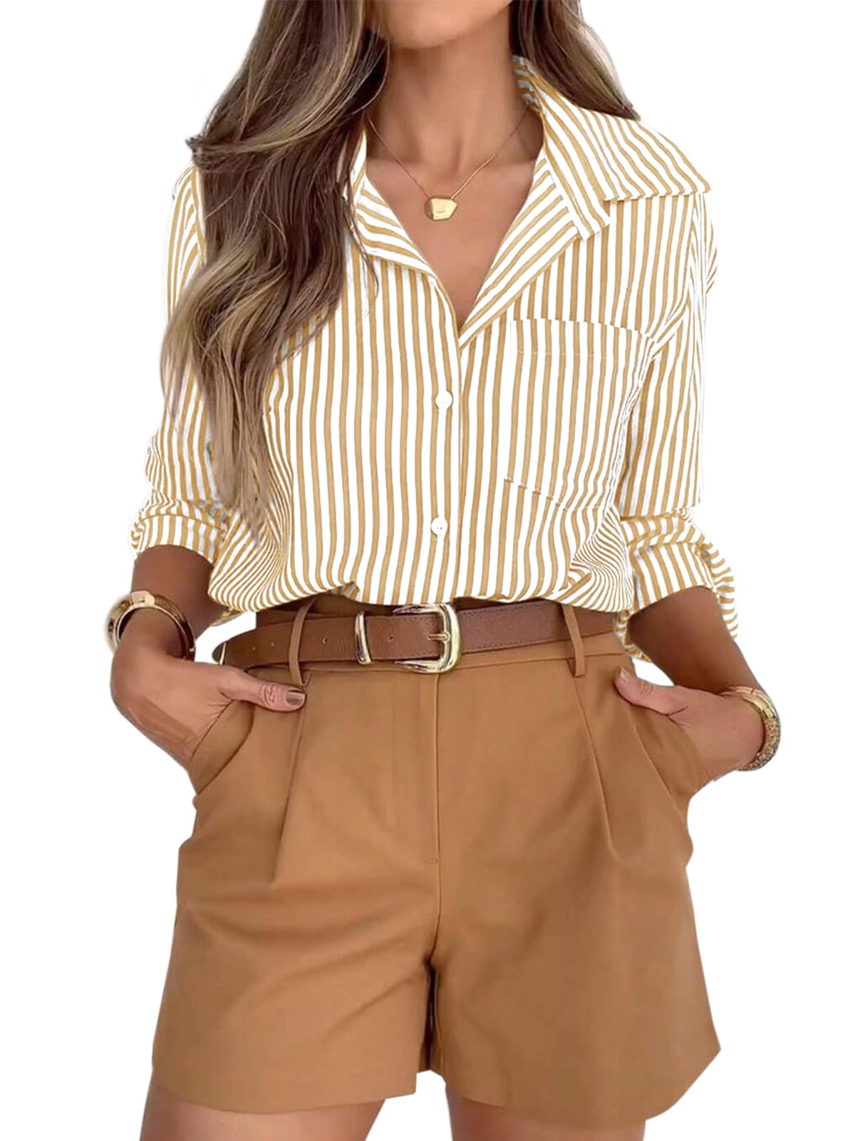 siliteelon Striped Button Down Shirts for Women Work Collared Dress Shirt