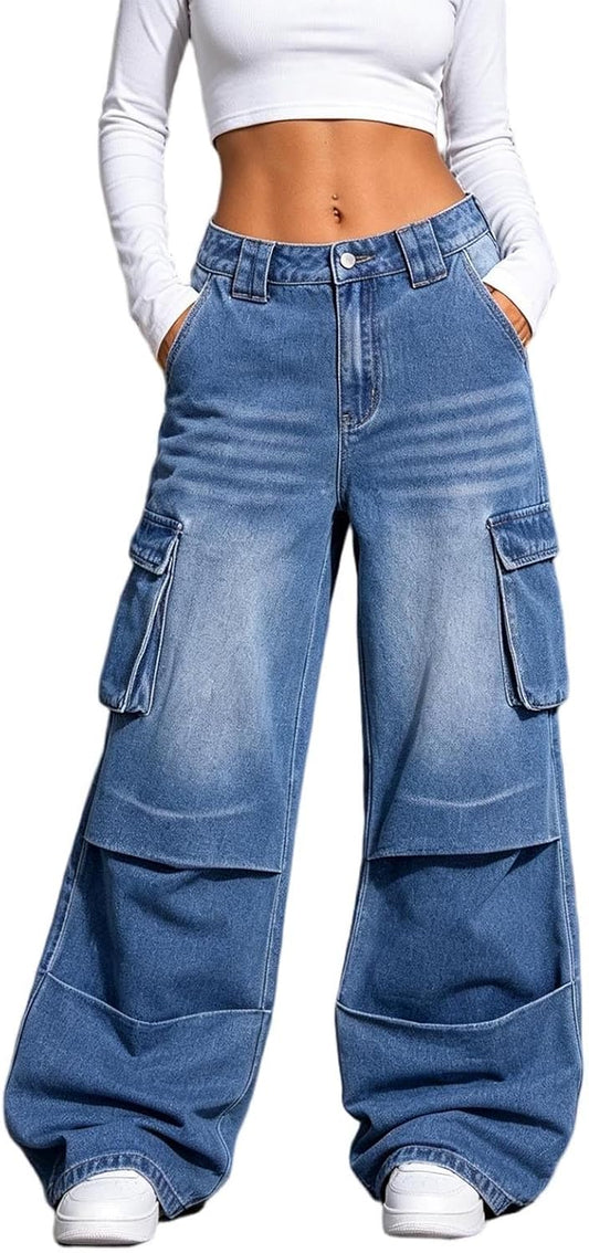 Women's High Rise Cargo Wide Leg Jeans Multi Pocket Denim Pants | Long Pants For Women Tall Jogging Petite Wide Leg High Waist Jeans Beige Curvy Straight Black Stretch Plus Size Wedgie Pull