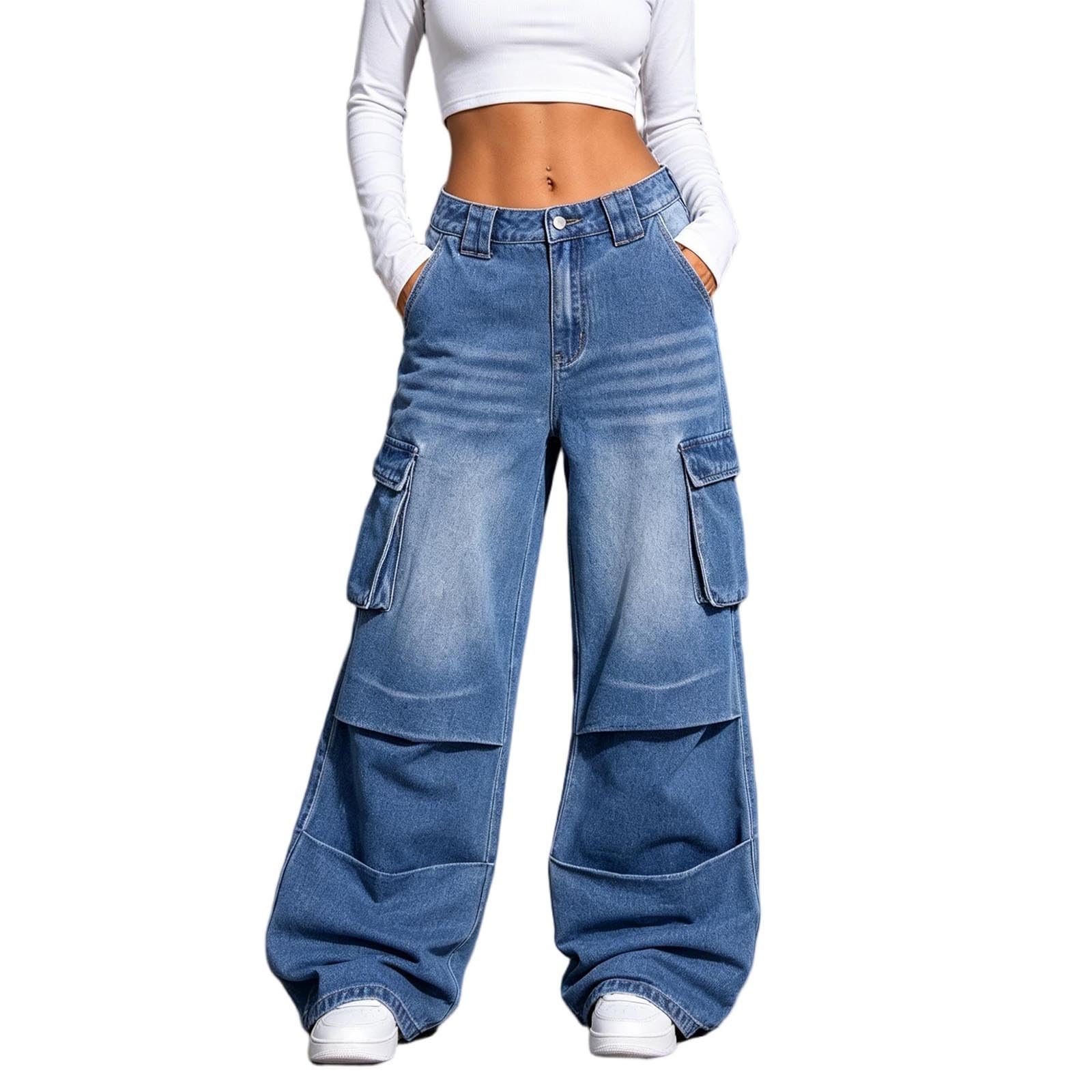 Women's High Rise Cargo Wide Leg Jeans Multi Pocket Denim Pants | Long Pants For Women Tall Jogging Petite Wide Leg High Waist Jeans Beige Curvy Straight Black Stretch Plus Size Wedgie Pull