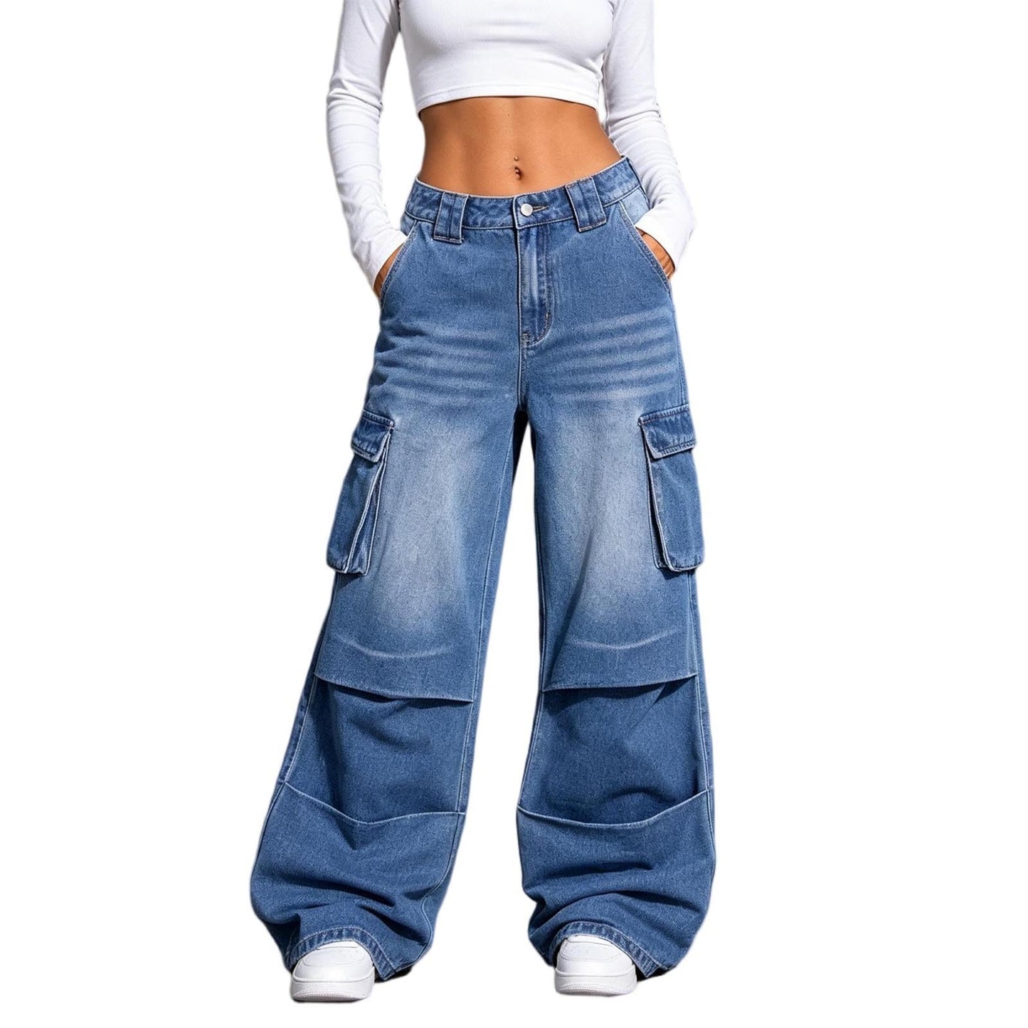 Women's High Rise Cargo Wide Leg Jeans Multi Pocket Denim Pants | Long Pants For Women Tall Jogging Petite Wide Leg High Waist Jeans Beige Curvy Straight Black Stretch Plus Size Wedgie Pull