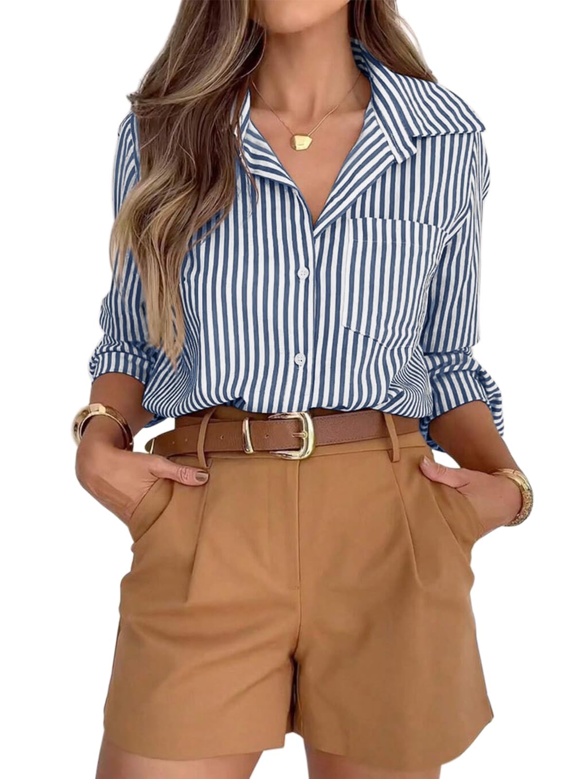 siliteelon Striped Button Down Shirts for Women Work Collared Dress Shirt