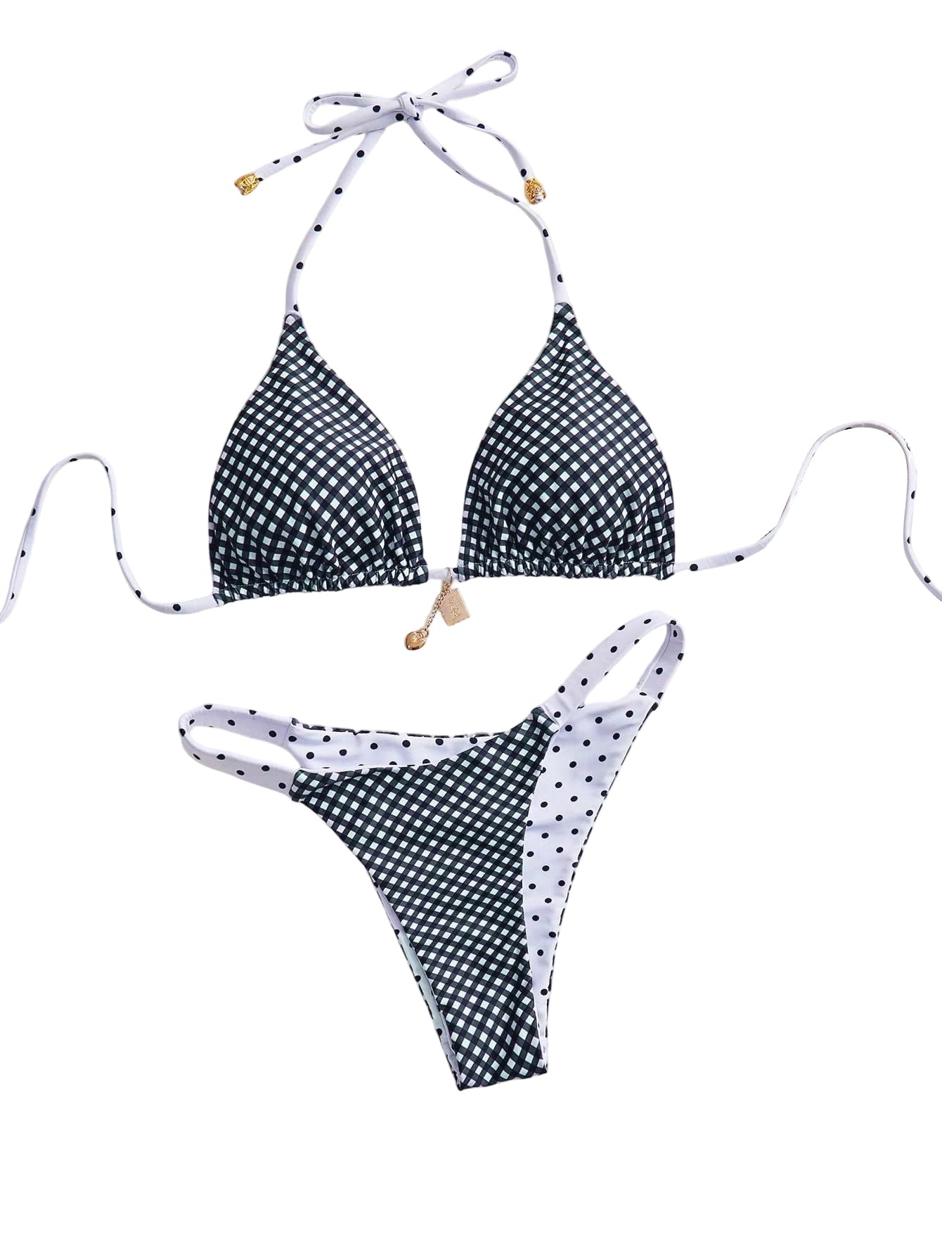 SOLY HUX Women's Polka Dots Bikini Set Halter Triangle Reversible Beachwear