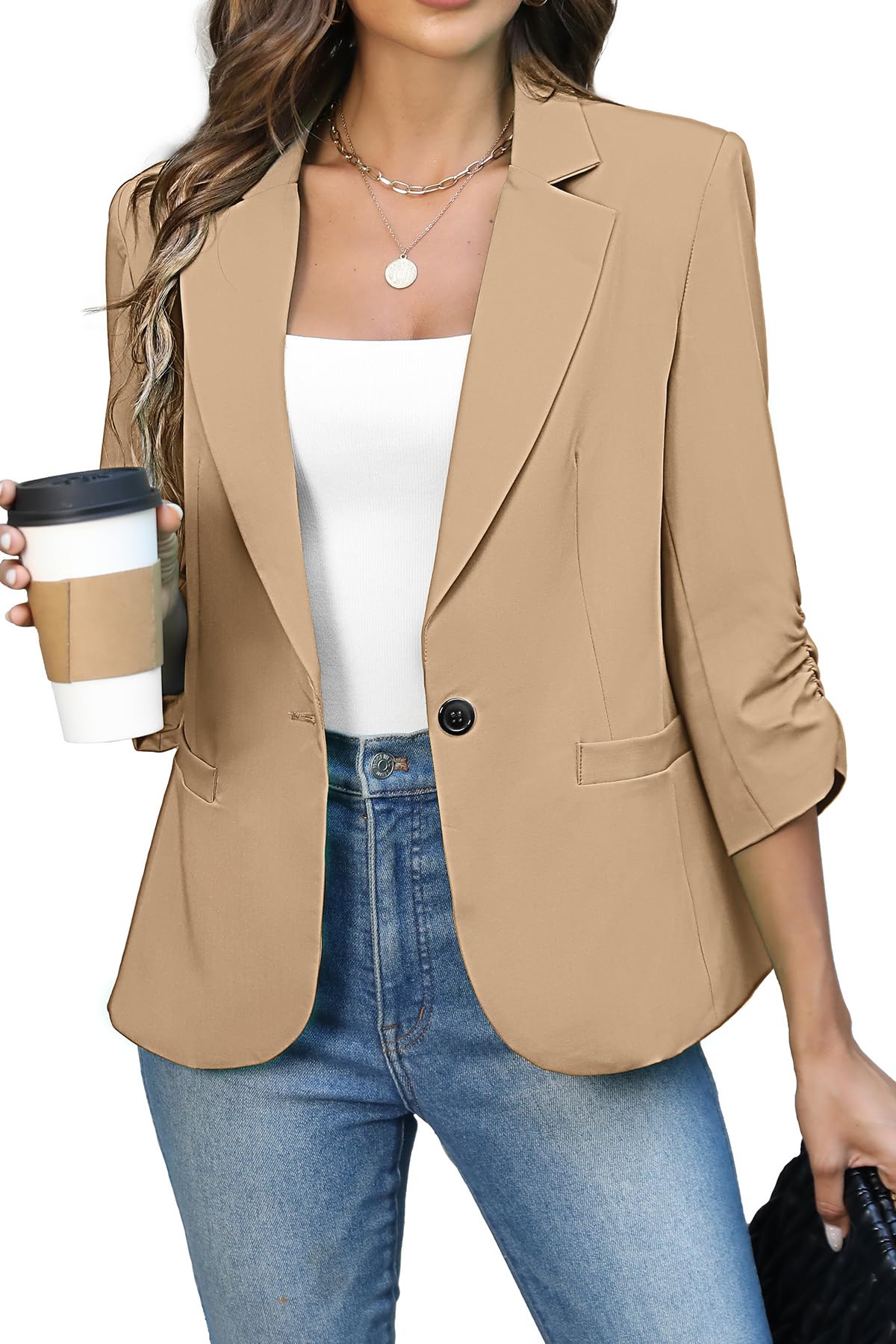 ELLEVEN Women's Ruched 3/4 Sleeve Blazer, Lightweight Fitted Jacket