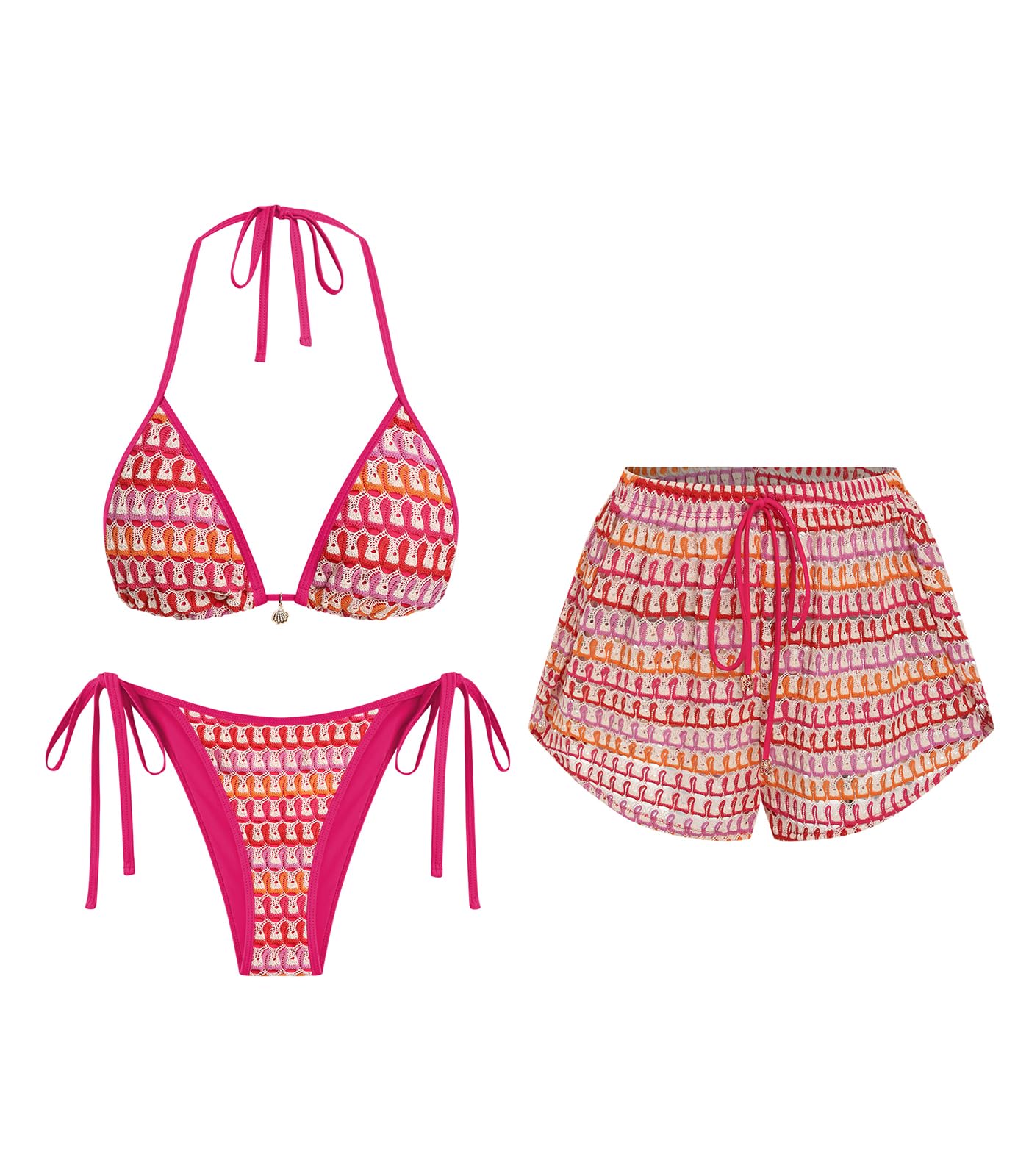 ZAFUL Womens Crochet Bikini Set with Cover Up Shorts Vacation Bathing Suits