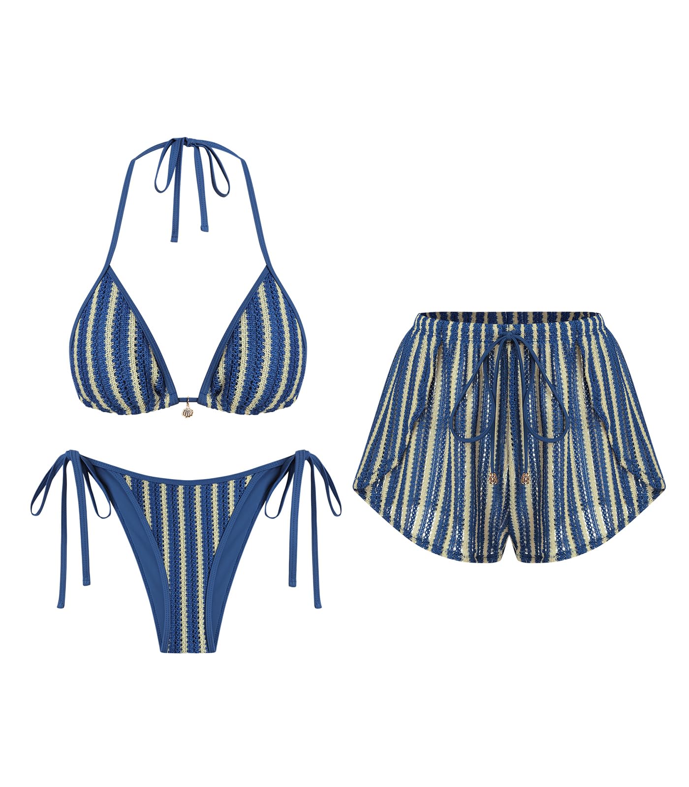 ZAFUL Womens Crochet Bikini Set with Cover Up Shorts Vacation Bathing Suits