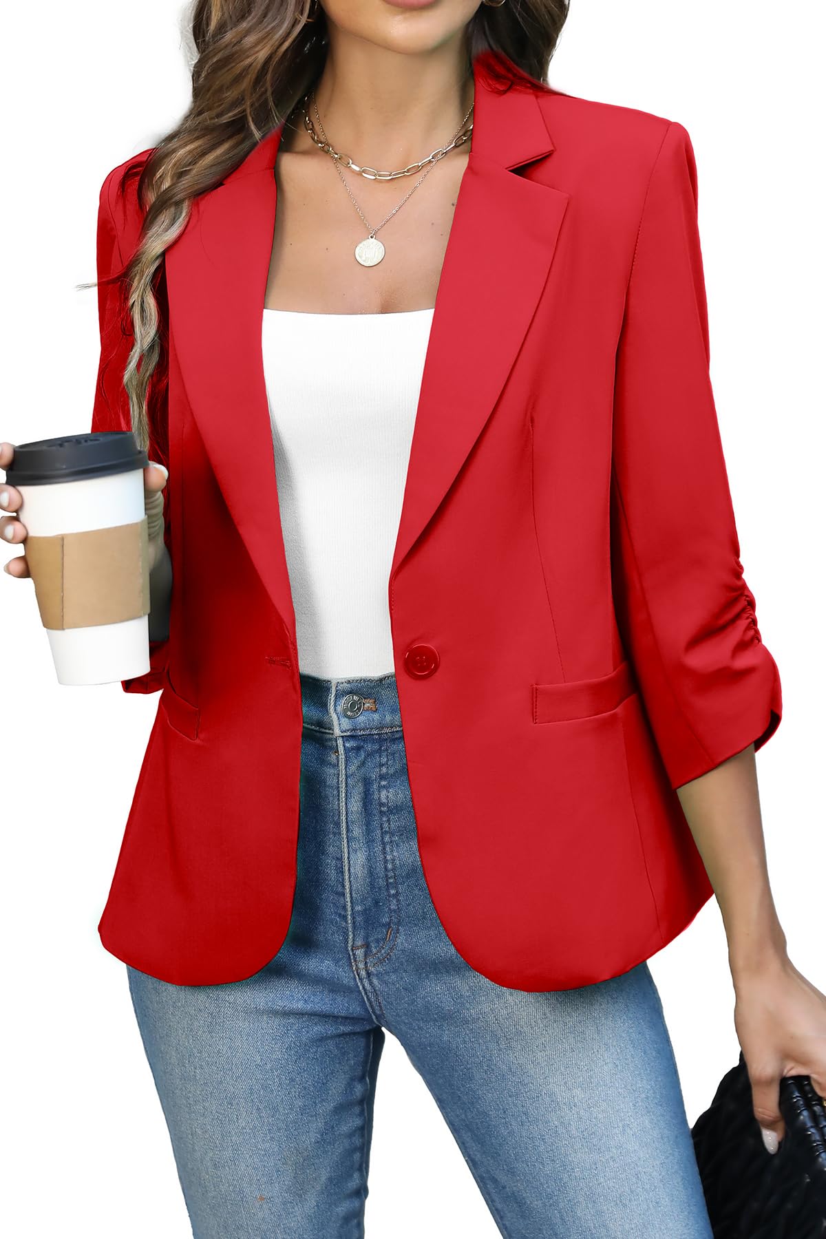 ELLEVEN Women's Ruched 3/4 Sleeve Blazer, Lightweight Fitted Jacket