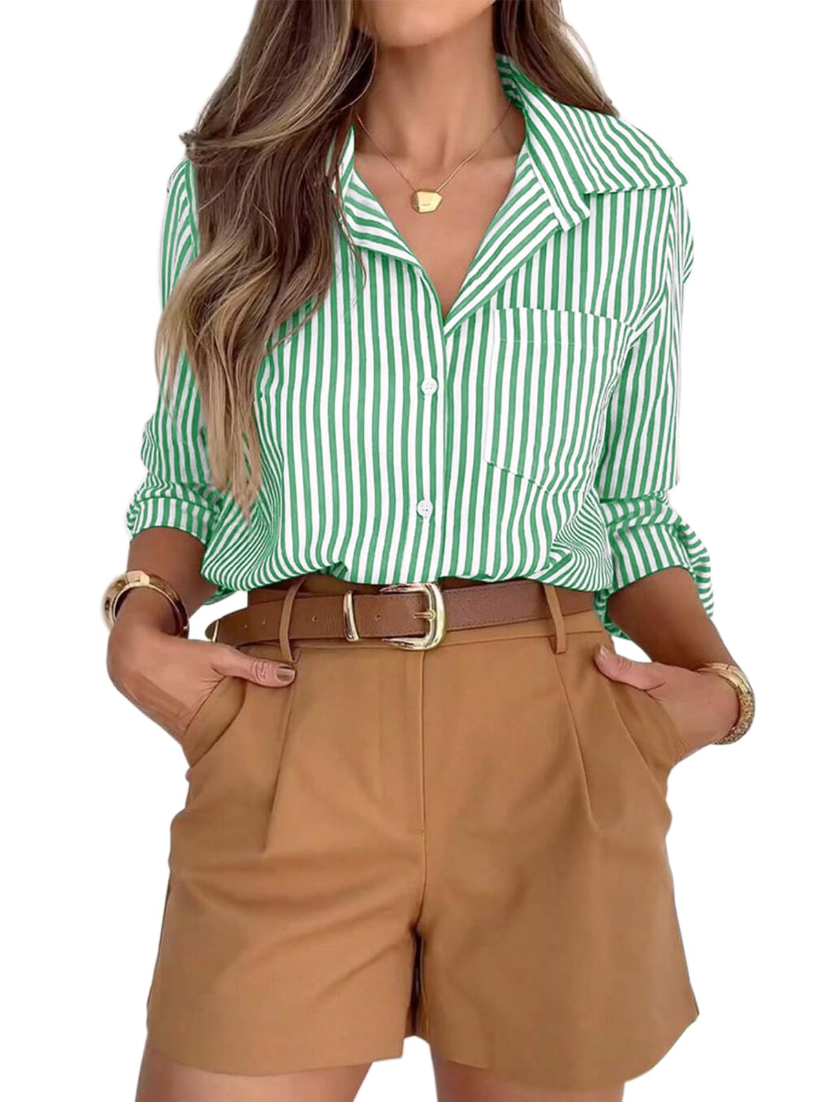 siliteelon Striped Button Down Shirts for Women Work Collared Dress Shirt