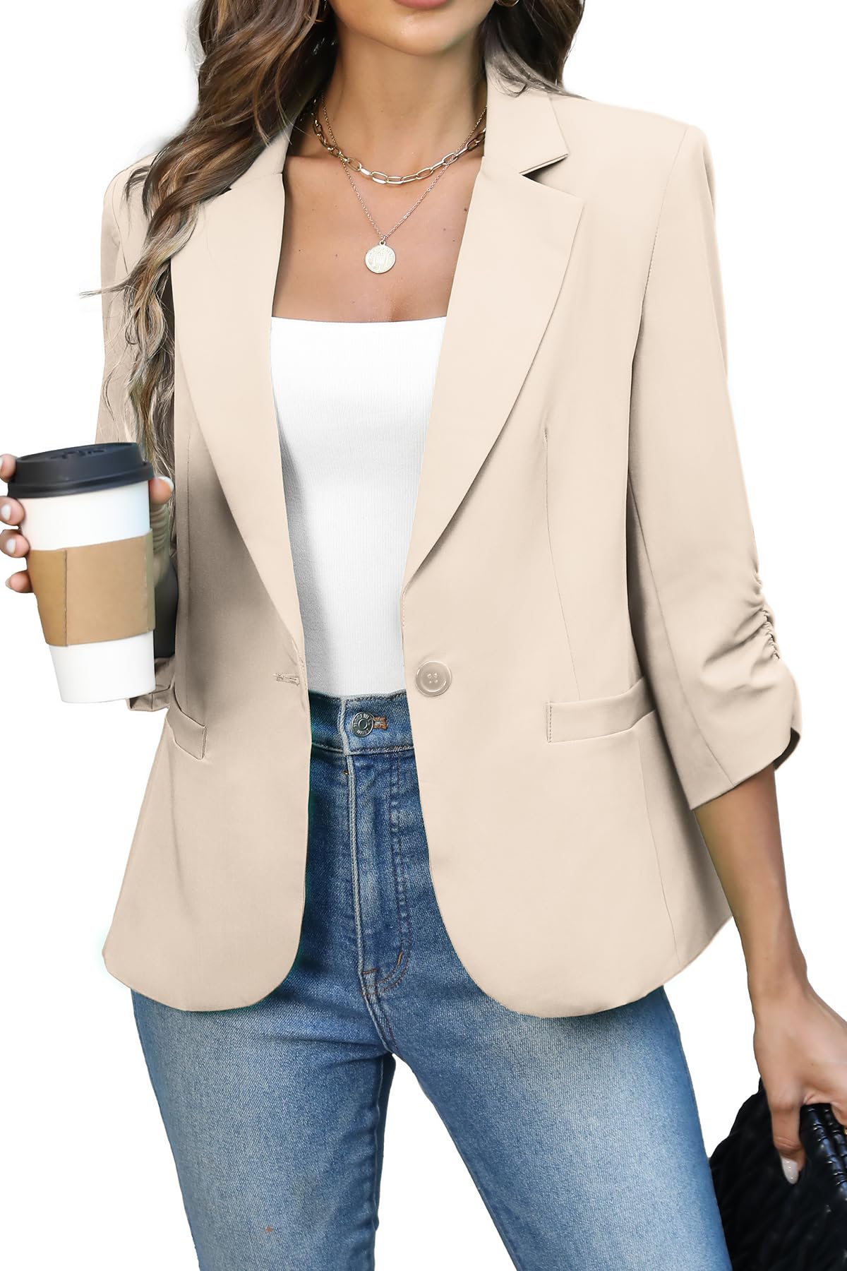 ELLEVEN Women's Ruched 3/4 Sleeve Blazer, Lightweight Fitted Jacket