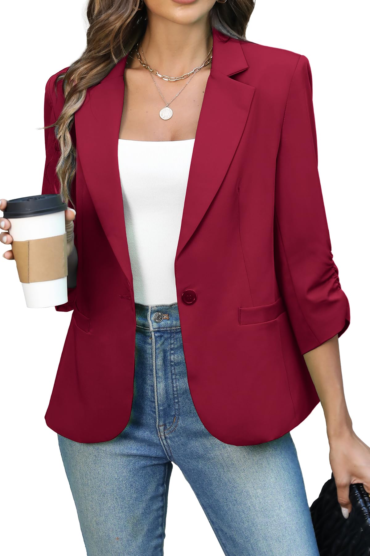 ELLEVEN Women's Ruched 3/4 Sleeve Blazer, Lightweight Fitted Jacket