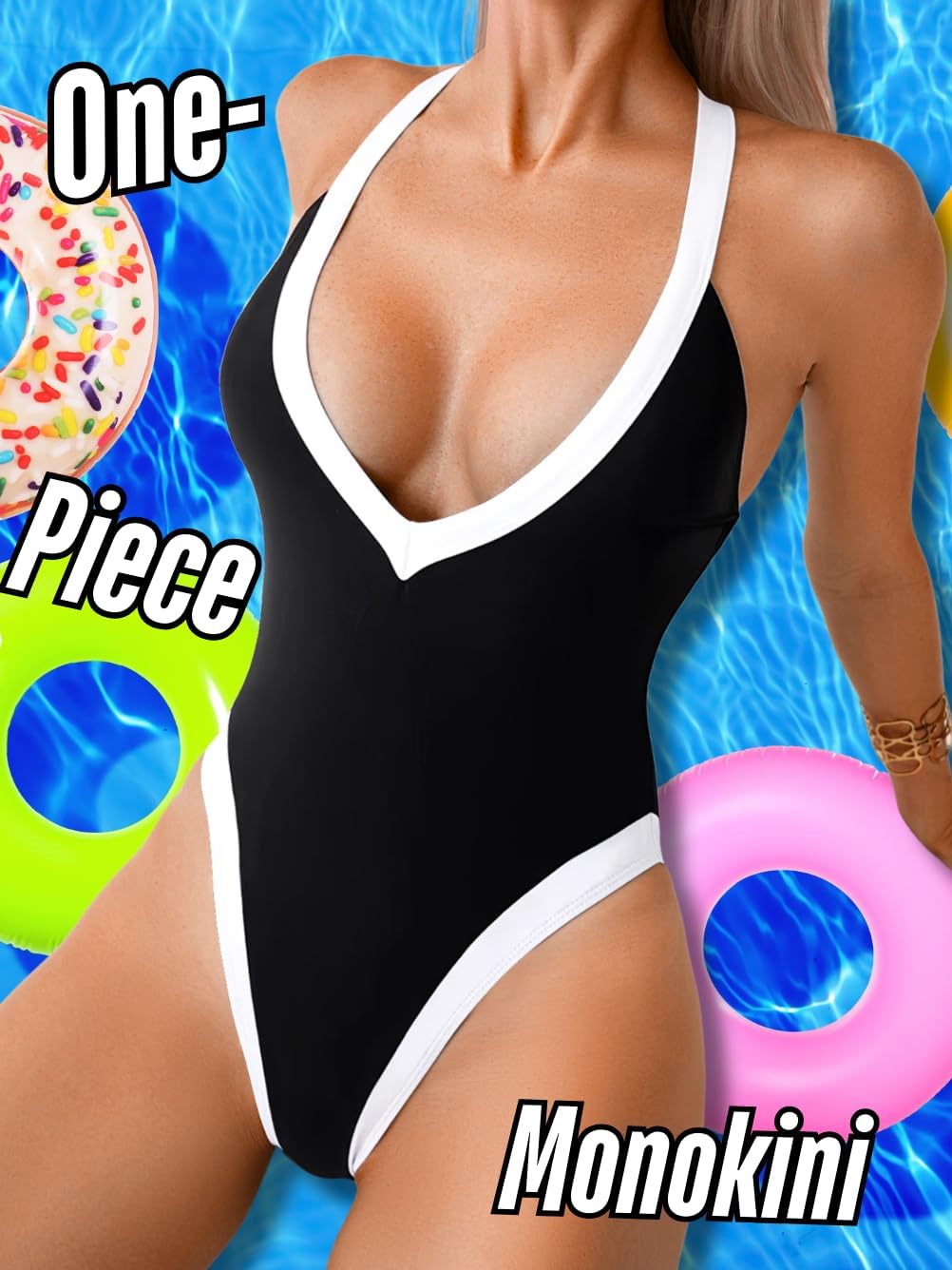 ChiaoLezhee Color Block Swimsuit, Plunge V Neck High Cut, Pool Party Vacation, Sexy Backless One Piece Bathing Suit Cheeky
