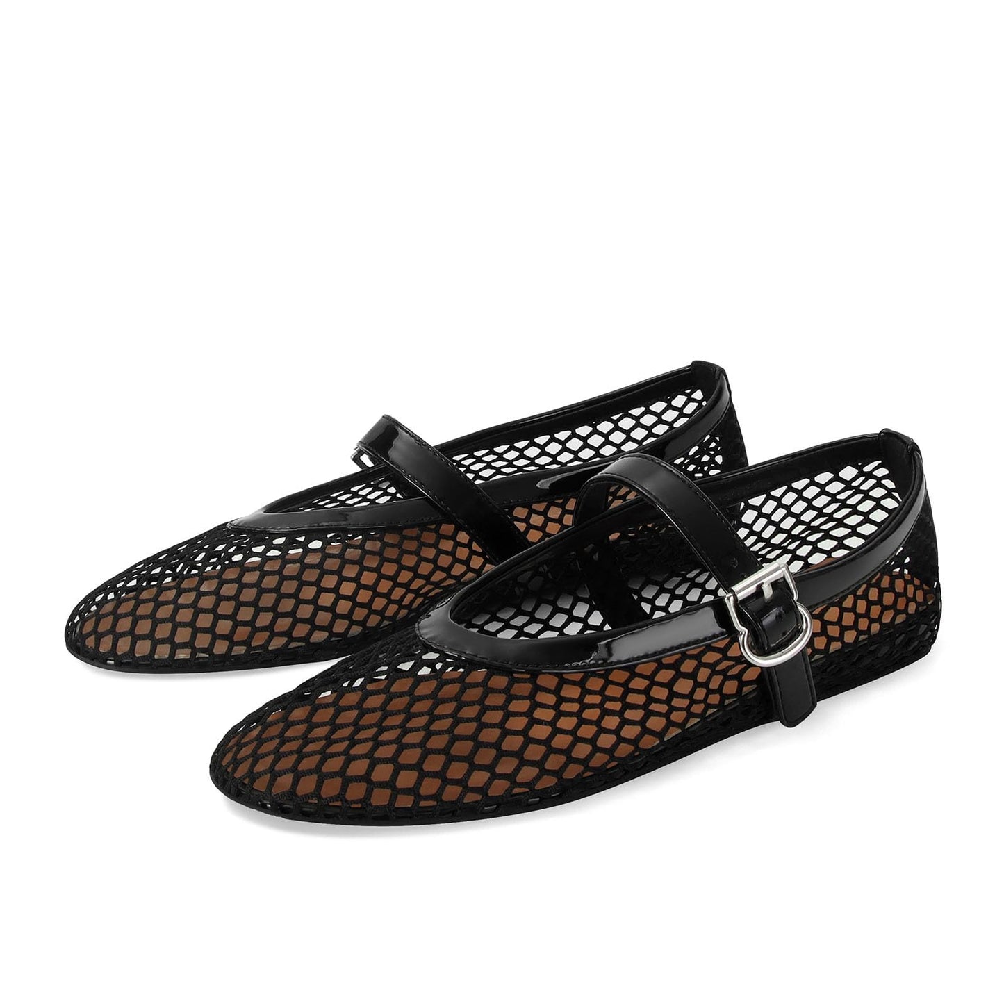 MICIFA Women's Mesh Ballet Flats Fishnet Ballerina Flats Buckle Strap Mary Jane Causal Daily Dress Shoes