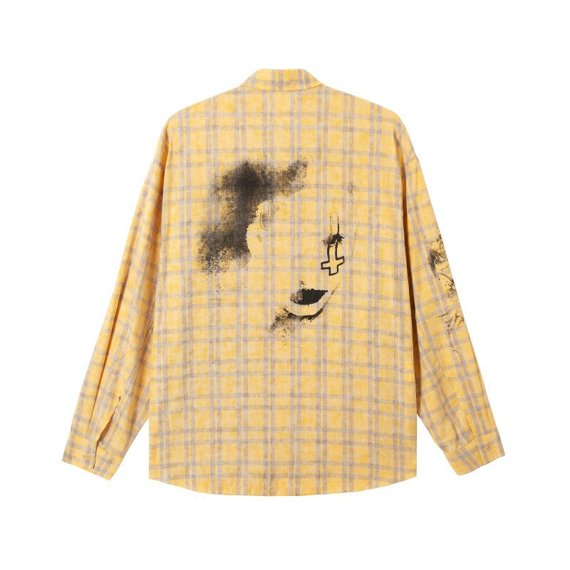 Spray painted graffiti checkered long sleeved shirt for men and women loose fitting shirt