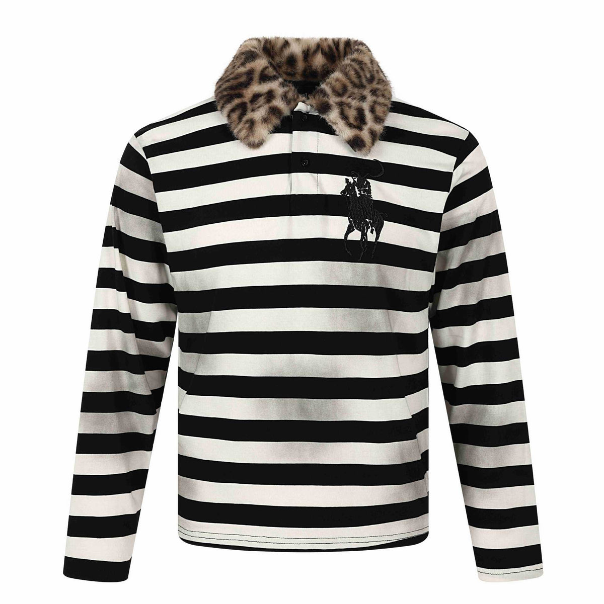 Striped Distressed Spray Print Leopard Collar Polo Long Sleeve T-Shirt Men
